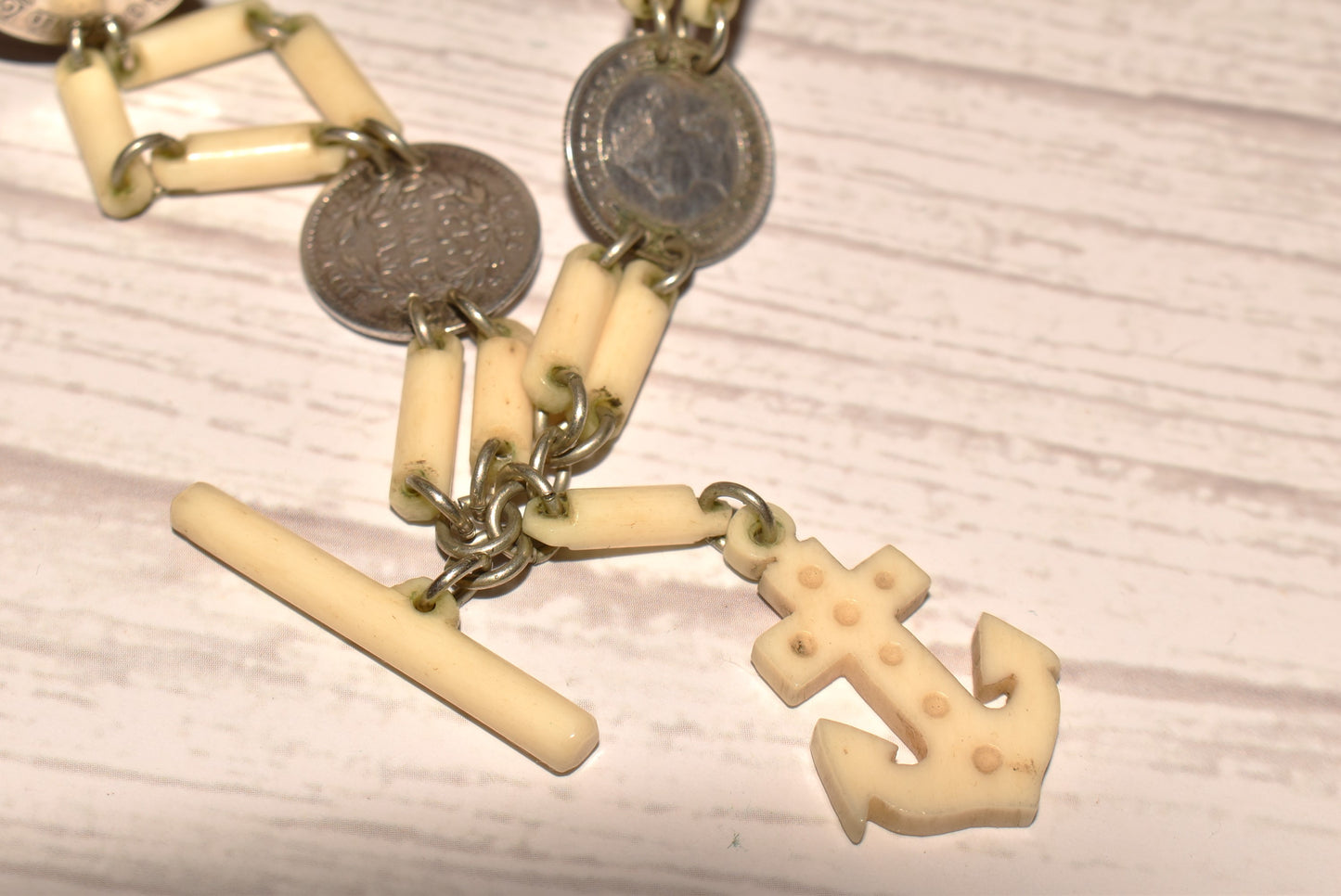 Antique Watch Chain - Stunning Rare Victorian Ceylon and India Coins with Anchor Fob