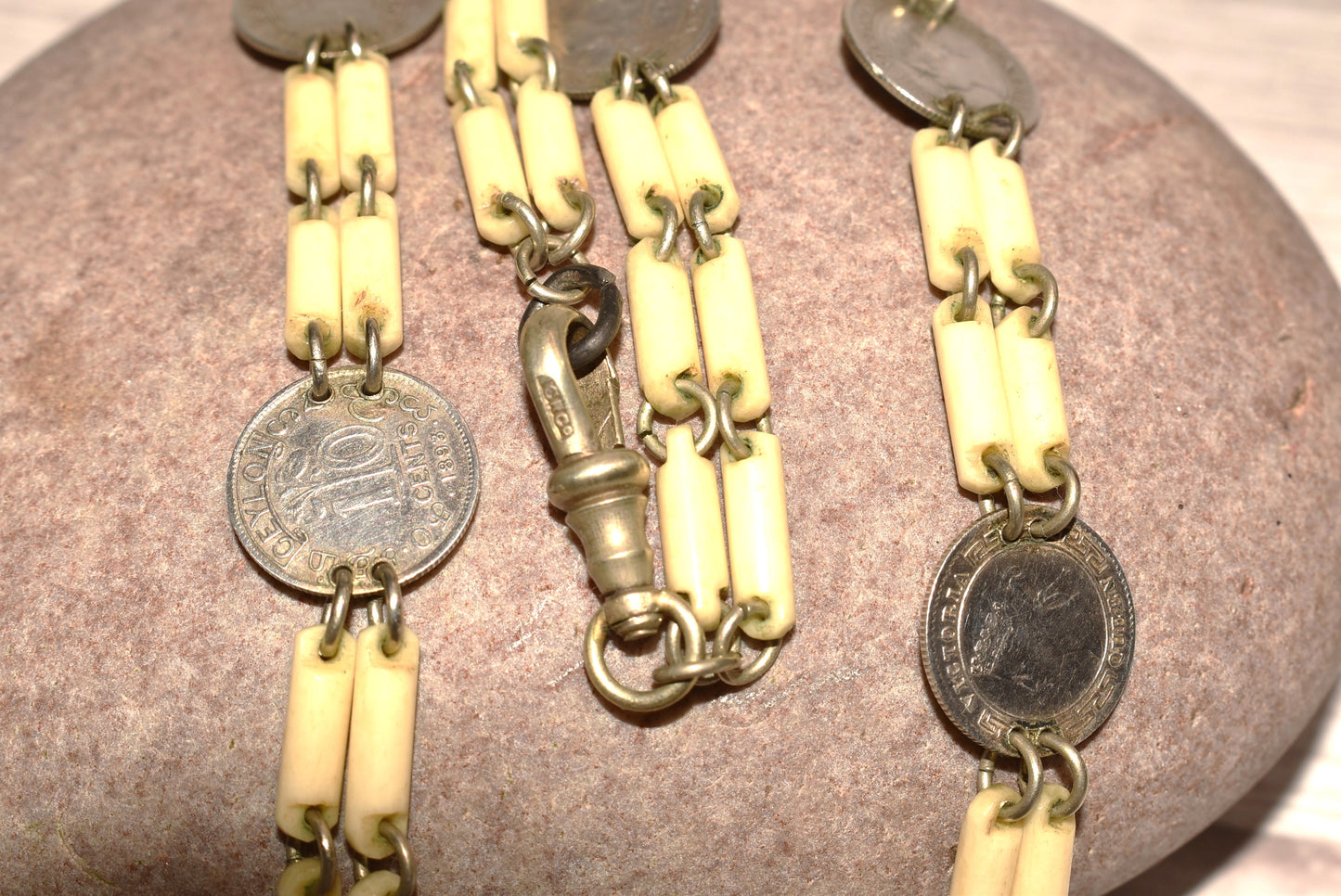 Antique Watch Chain - Stunning Rare Victorian Ceylon and India Coins with Anchor Fob