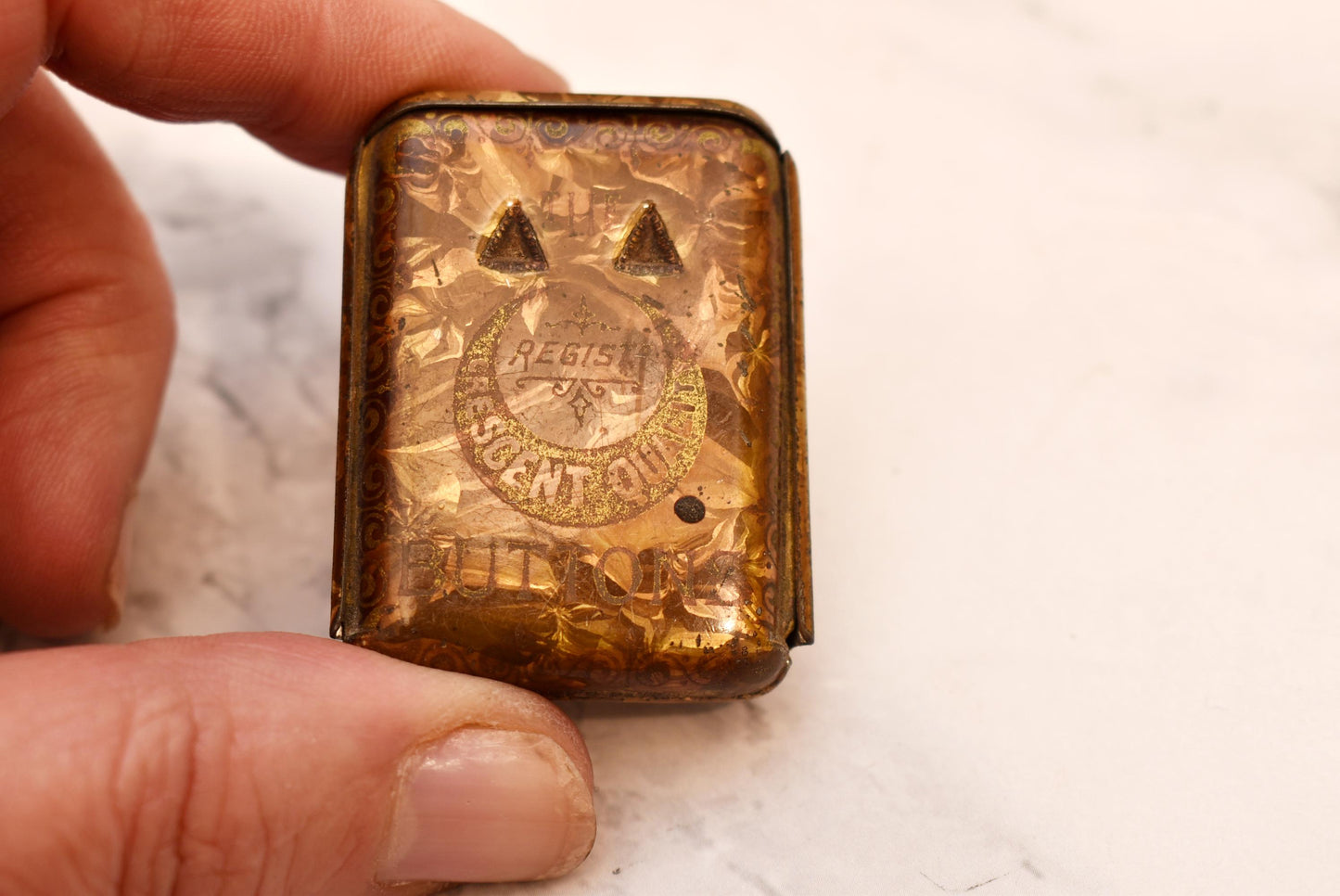 Antique Pin Tin - Gorgeous Victorian Slide Top Quality Crescent Button Box Filled with Pins