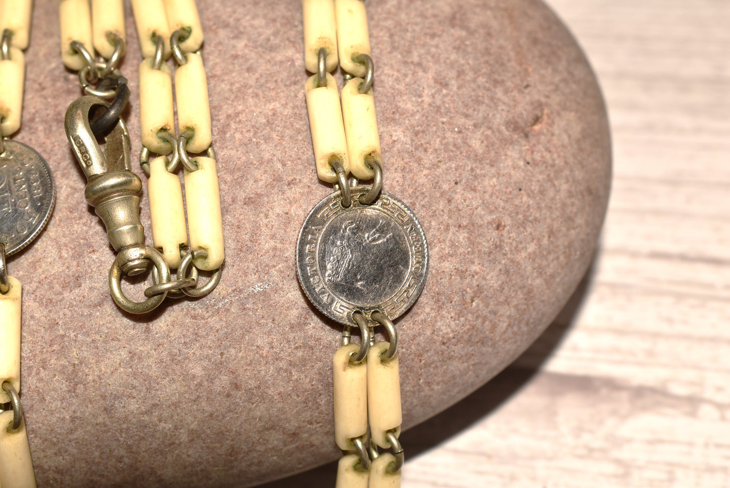 Antique Watch Chain - Stunning Rare Victorian Ceylon and India Coins with Anchor Fob