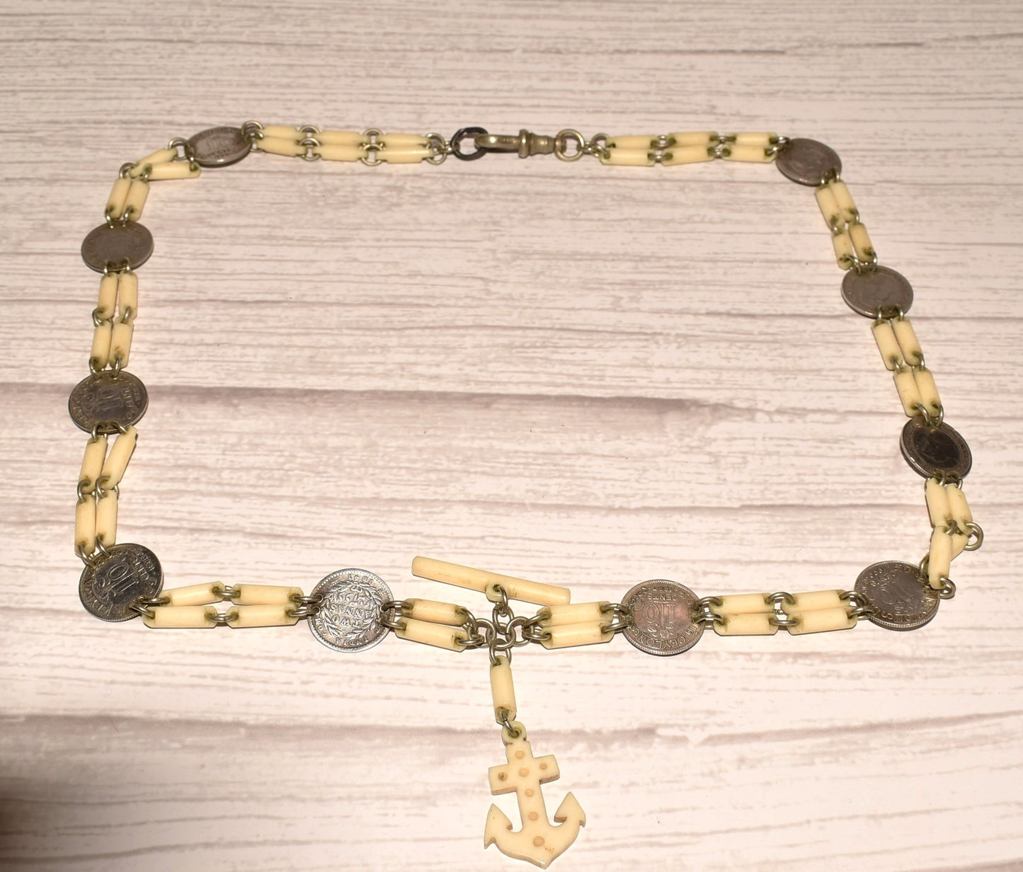 Antique Watch Chain - Stunning Rare Victorian Ceylon and India Coins with Anchor Fob