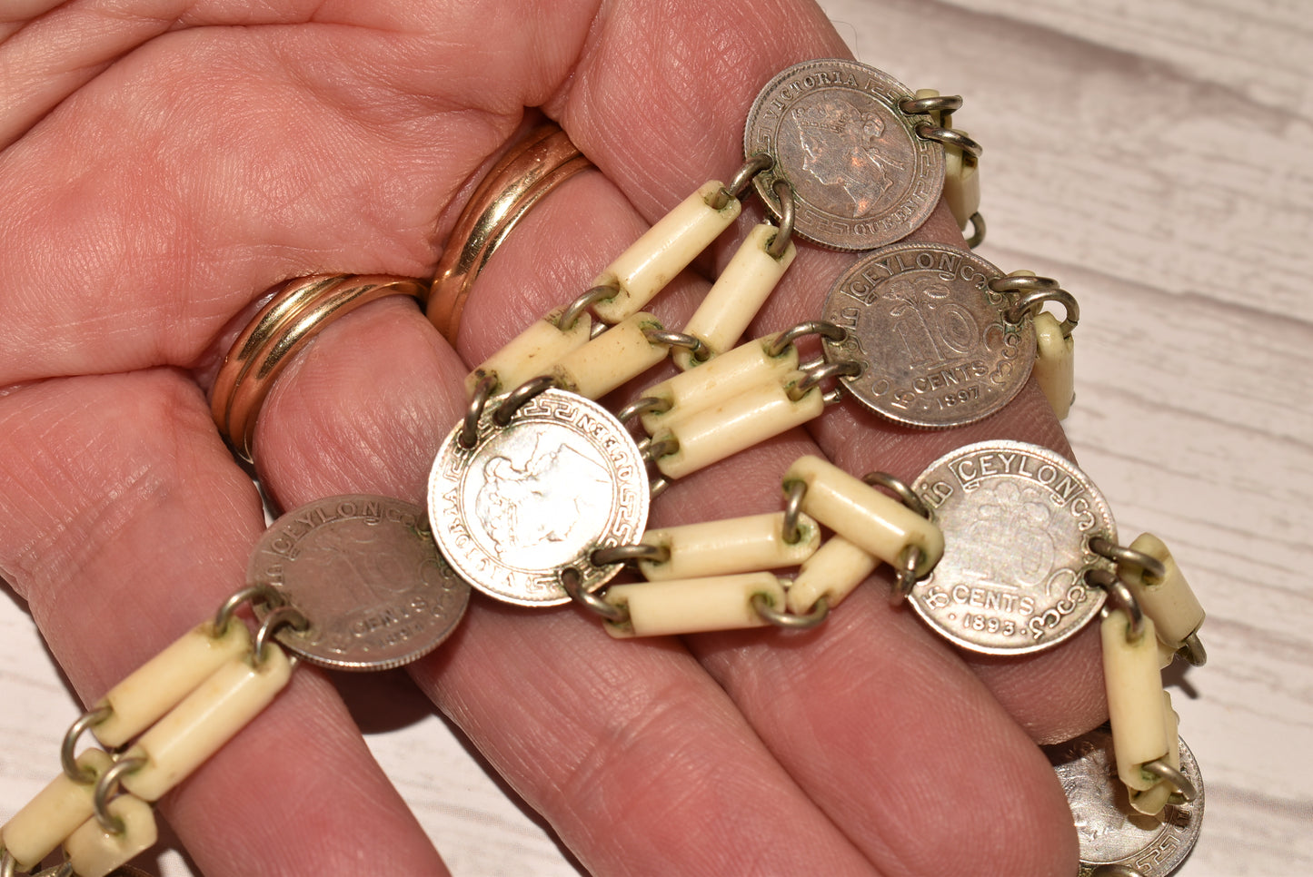 Antique Watch Chain - Stunning Rare Victorian Ceylon and India Coins with Anchor Fob