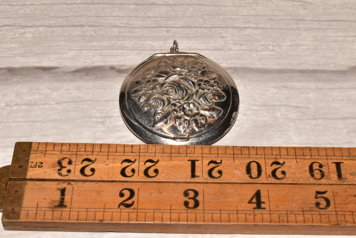 Antique Silver Compact - Gorgeous Floral Embossed Mirrored Compact Large Pendant Locket