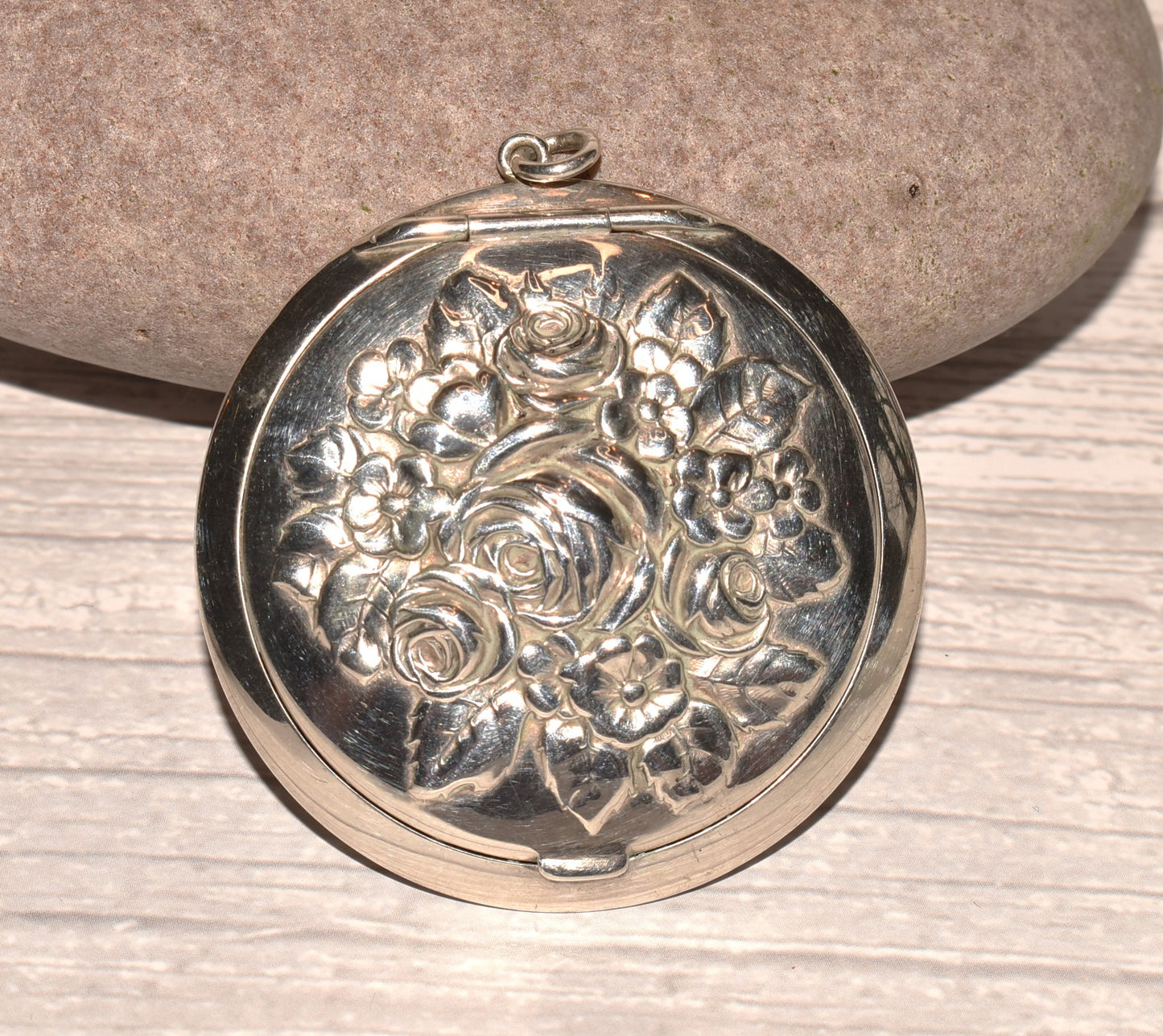 Antique Silver Compact - Gorgeous Floral Embossed Mirrored Compact Large Pendant Locket