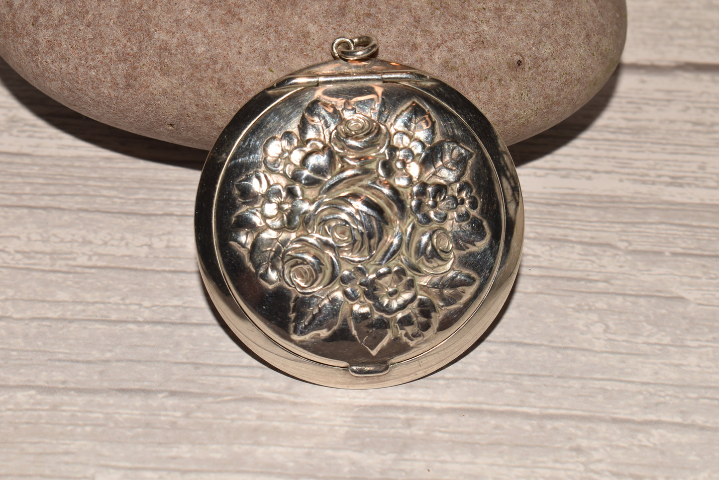 Antique Silver Compact - Gorgeous Floral Embossed Mirrored Compact Large Pendant Locket