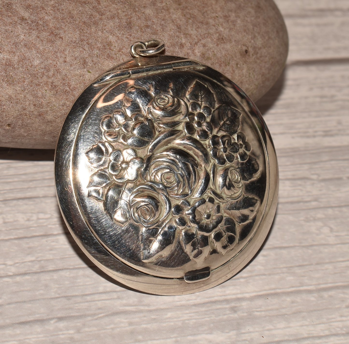 Antique Silver Compact - Gorgeous Floral Embossed Mirrored Compact Large Pendant Locket