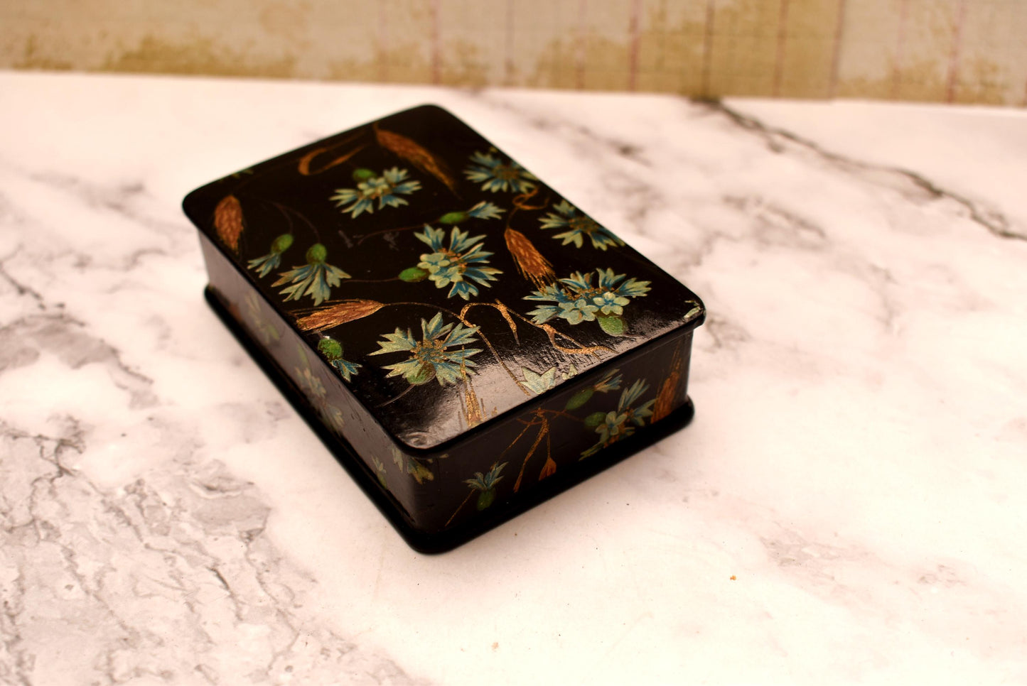 Victorian Trinket Box - Gorgeous Black Hand Painted Papier Mache Jewellery Box