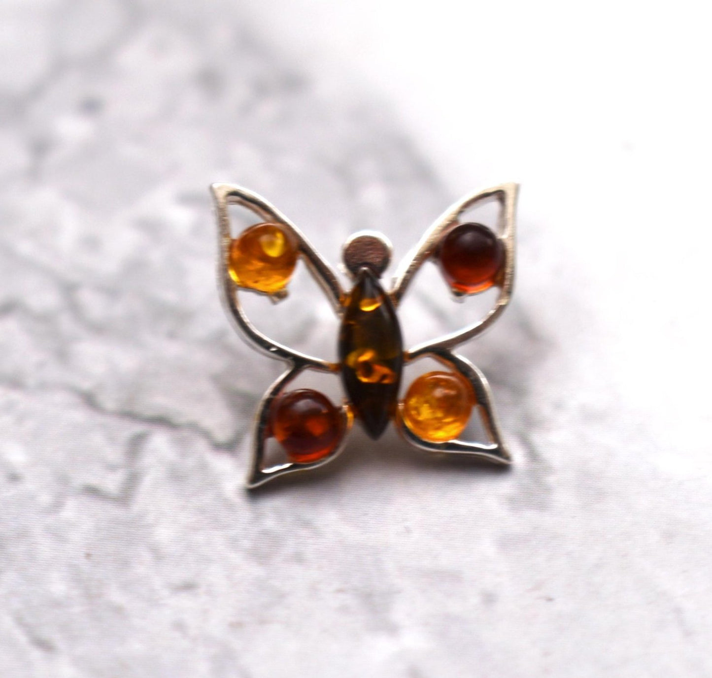 Silver Amber Pendant - Gorgeous Butterfly Multi Colour Stone