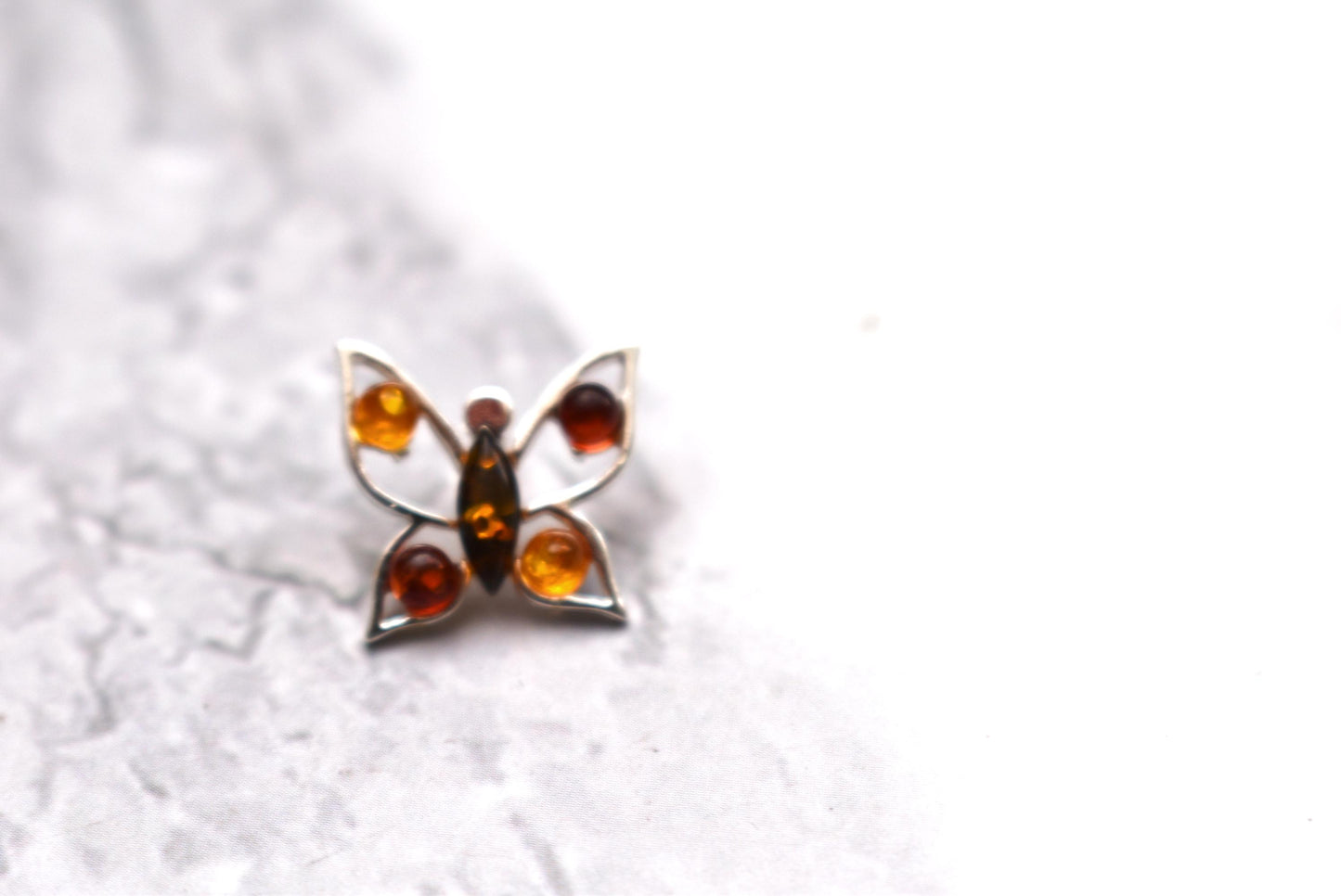 Silver Amber Pendant - Gorgeous Butterfly Multi Colour Stone