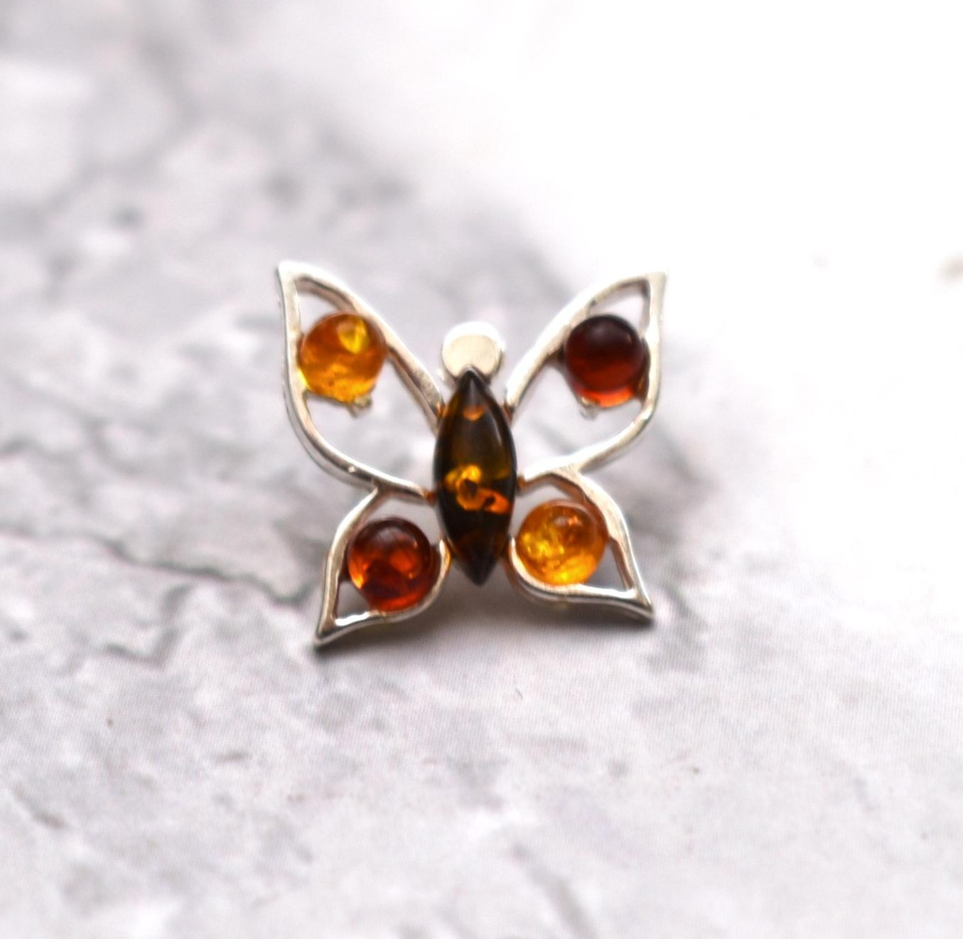 Silver Amber Pendant - Gorgeous Butterfly Multi Colour Stone