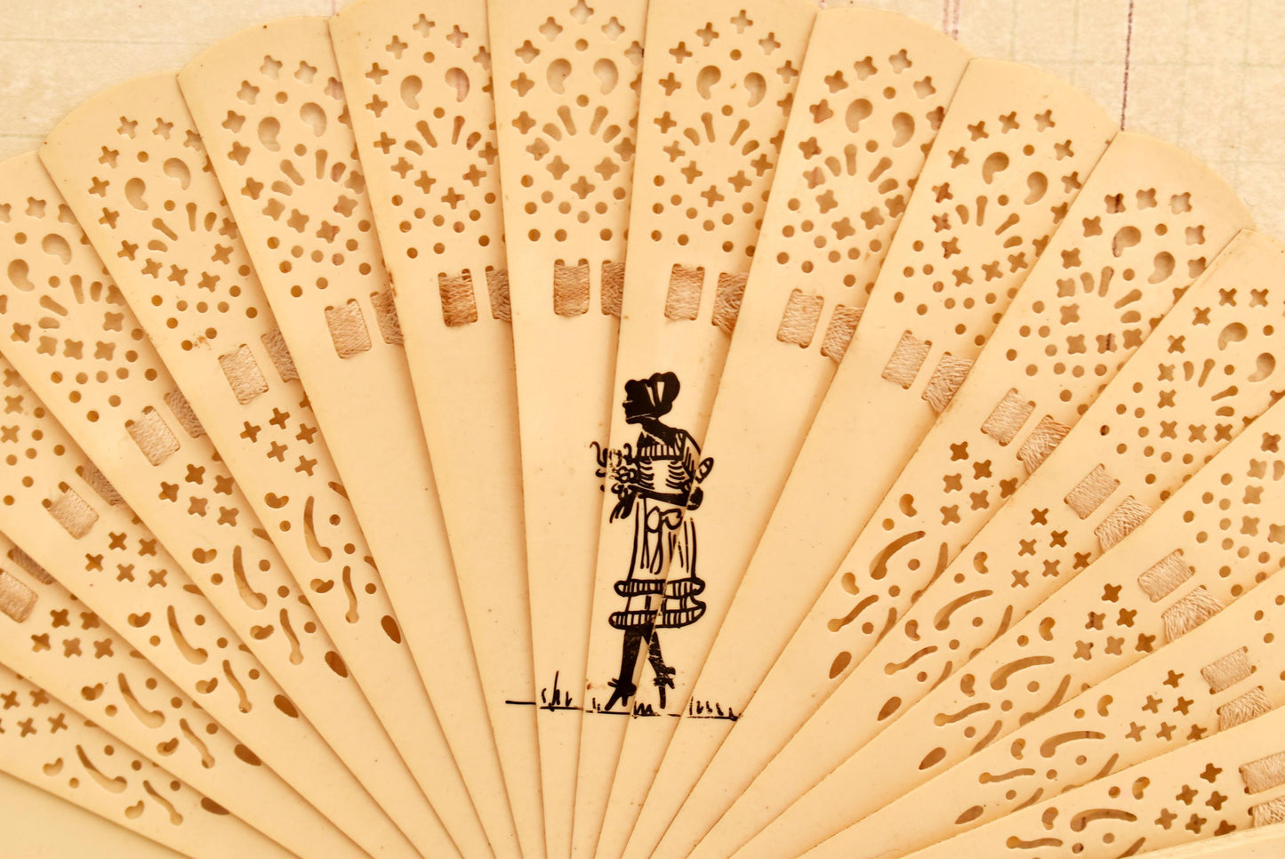 Antique Brise Fan - Charming Edwardian Celluloid Fan with Lady Silhouette