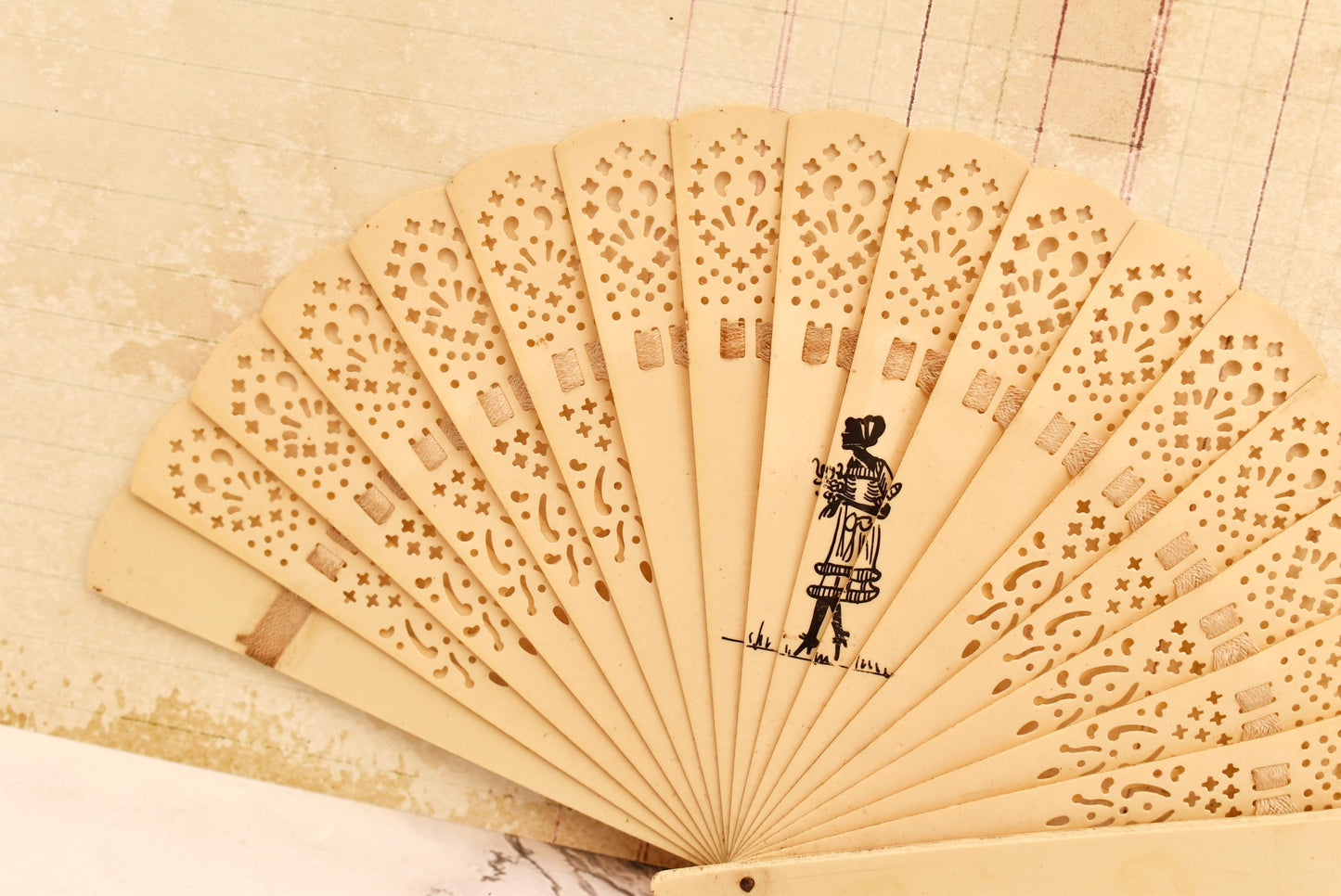 Antique Brise Fan - Charming Edwardian Celluloid Fan with Lady Silhouette
