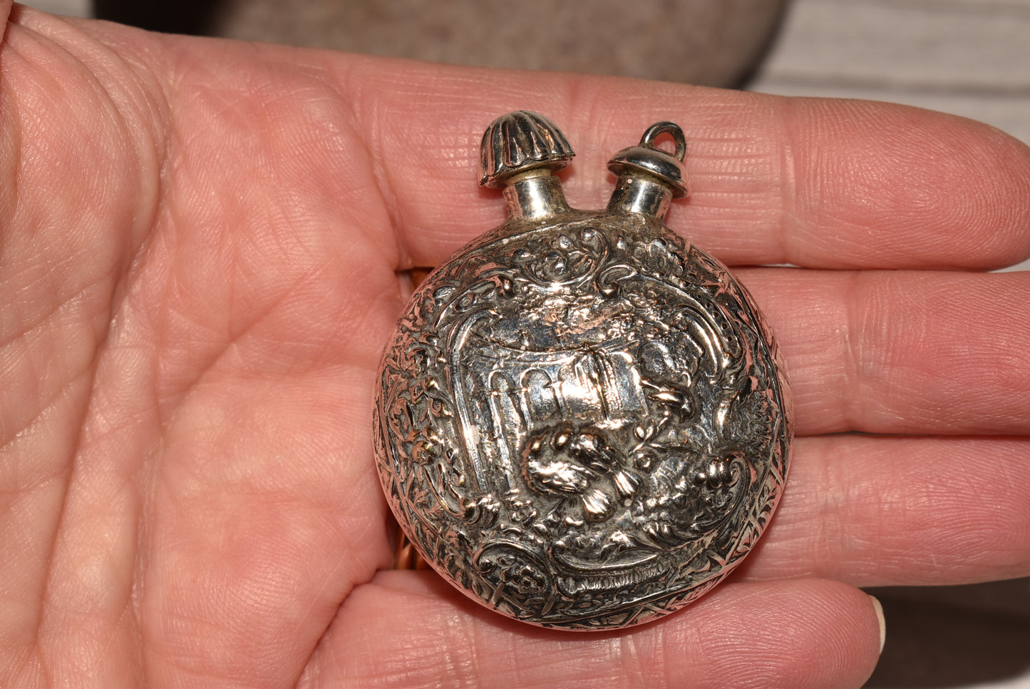 Antique Scent Bottle - Beautiful Double Stoppered Love Birds Scene Perfume Bottle