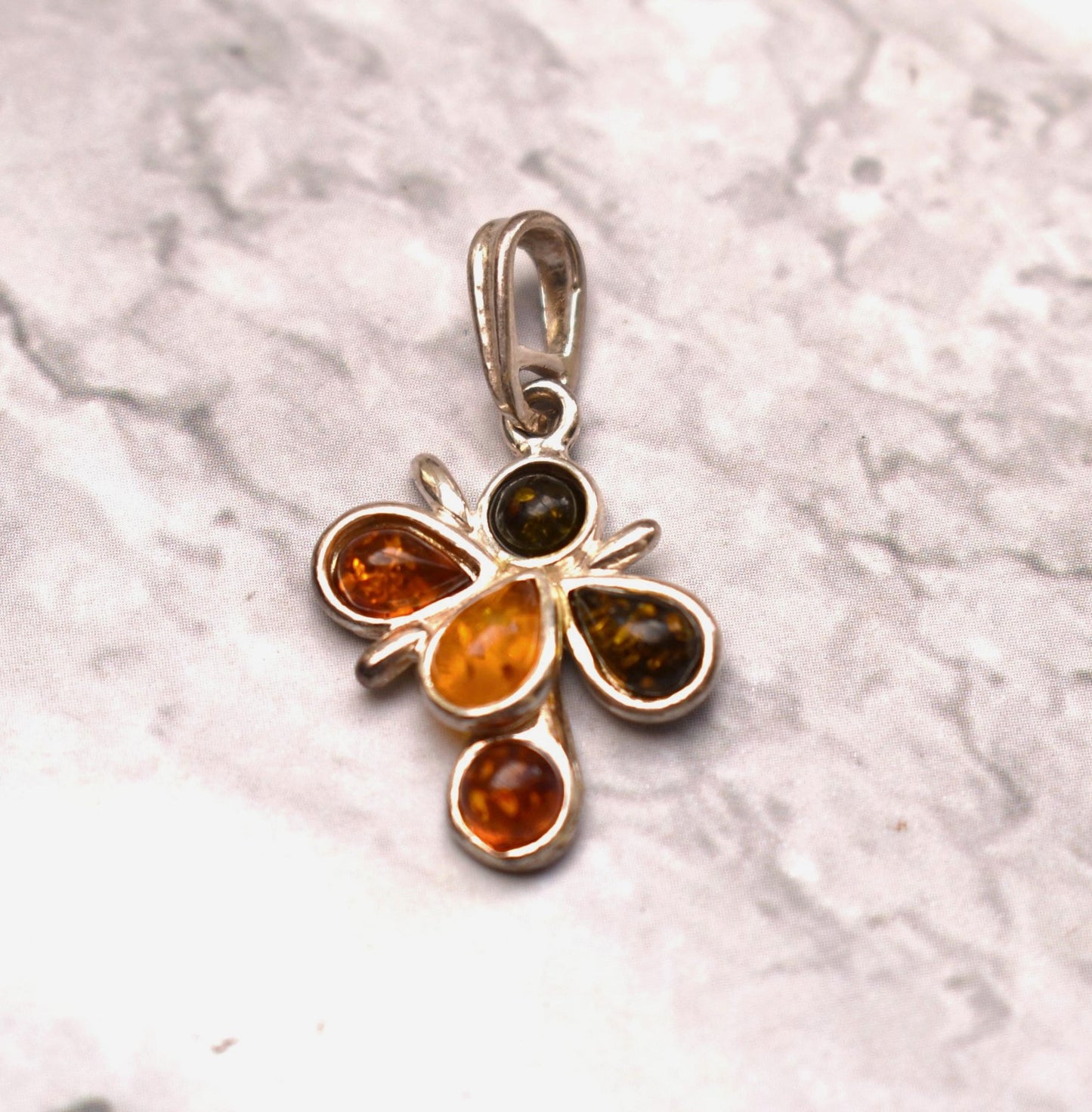 Silver Amber Pendant - Beautiful Multi Colour Stone Abstract