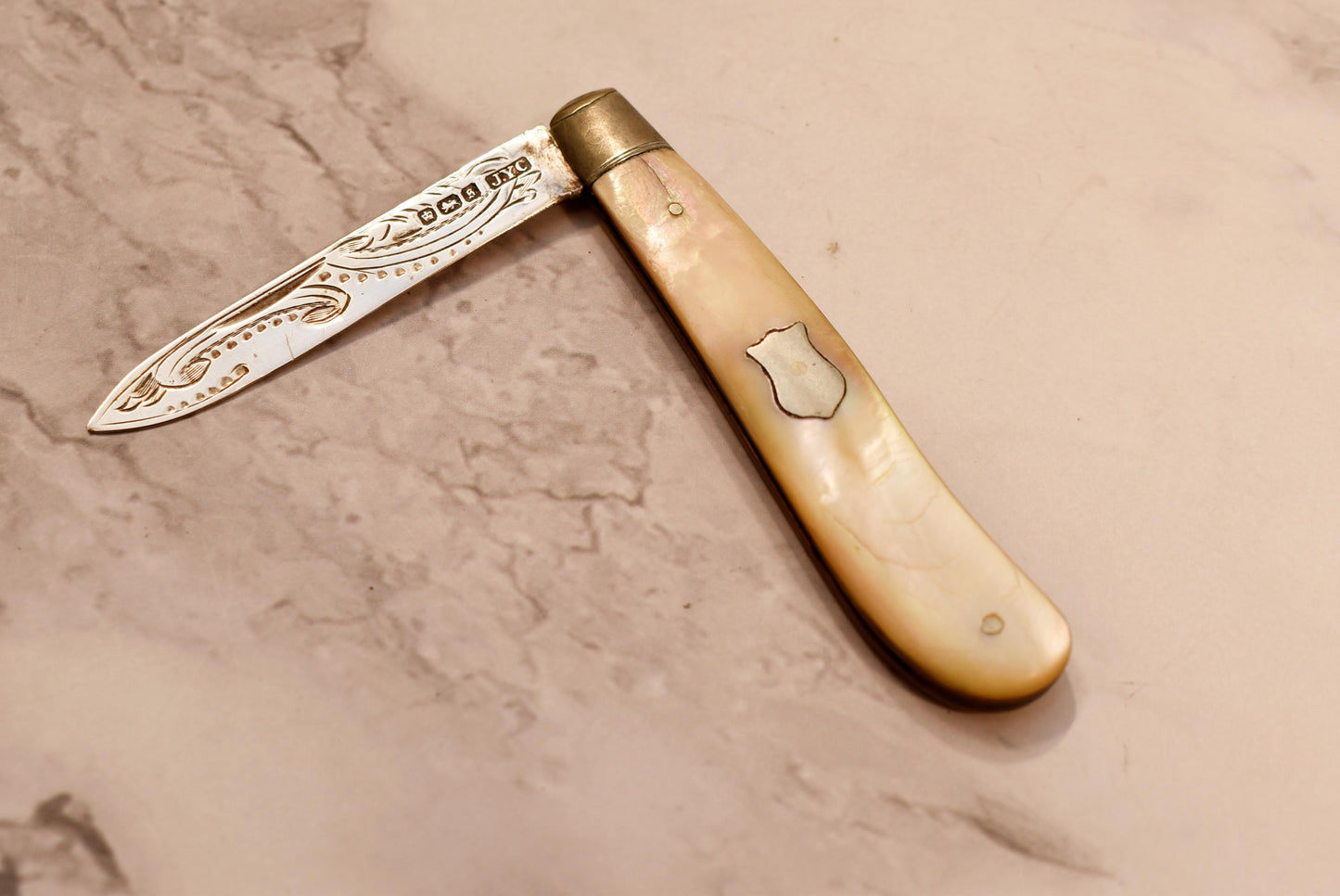 Edwardian Silver Fruit Parer - Gorgeous 1910 John Yeomans Cowlishaw Silver and Mother of Pearl Engraved