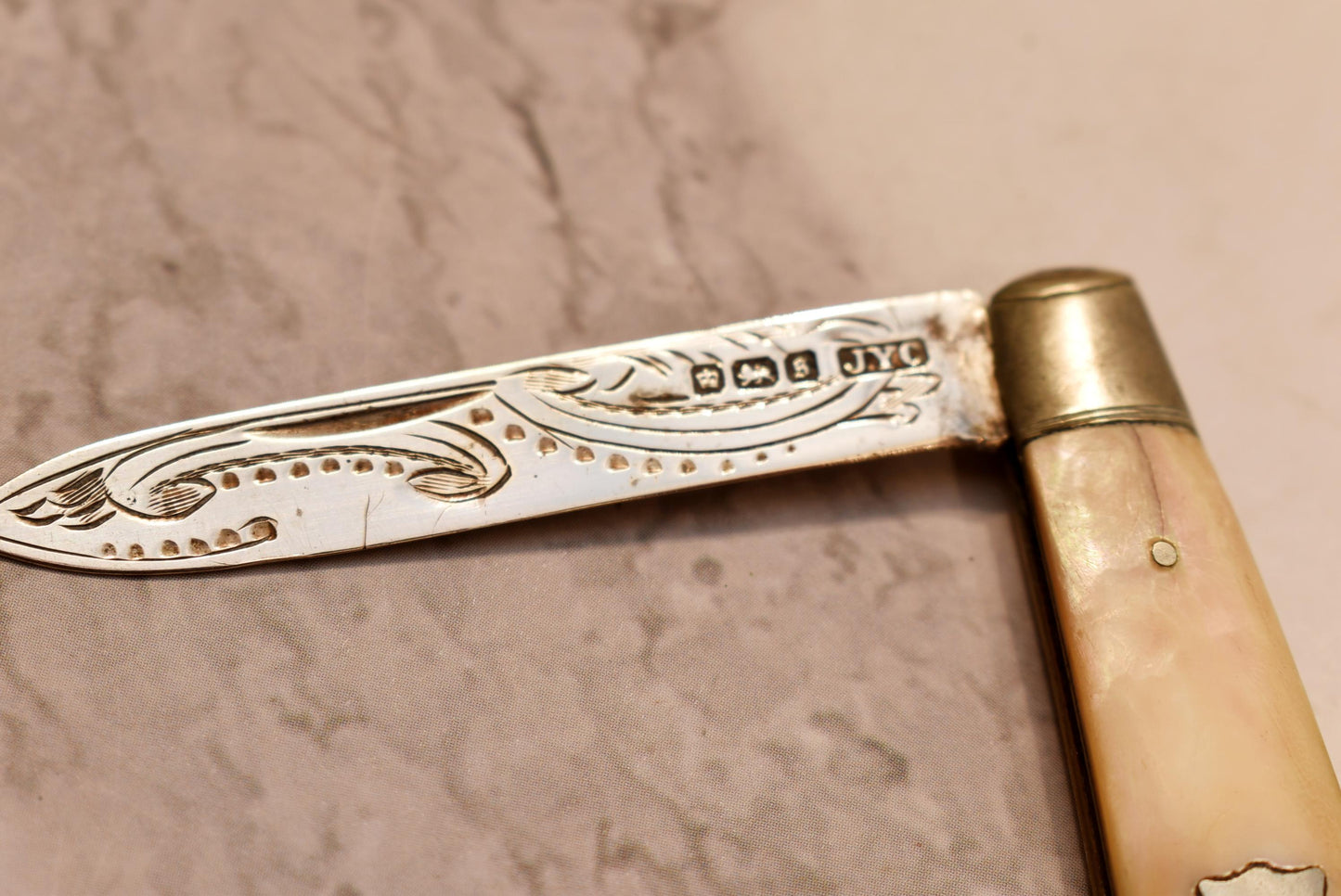 Edwardian Silver Fruit Parer - Gorgeous 1910 John Yeomans Cowlishaw Silver and Mother of Pearl Engraved