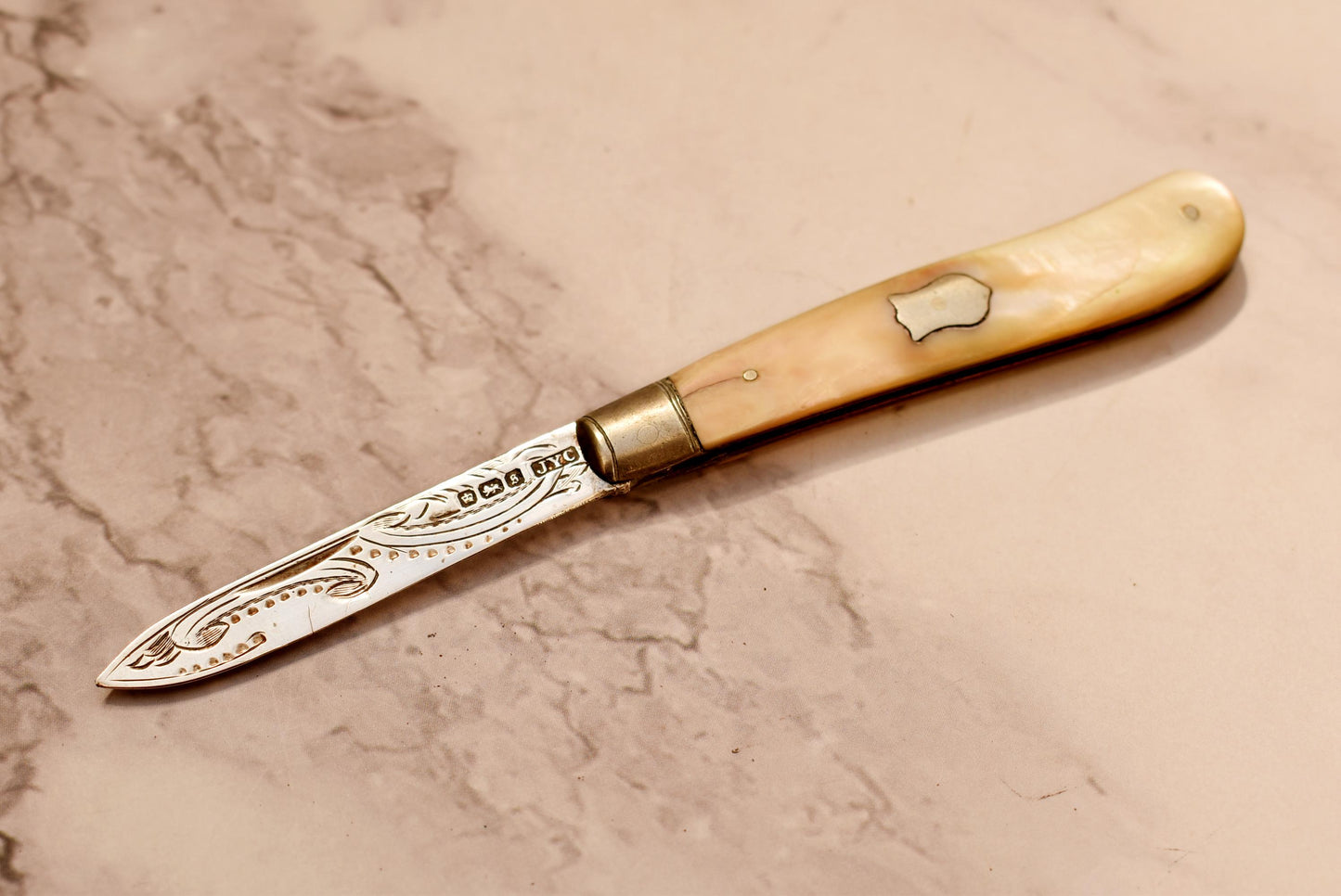 Edwardian Silver Fruit Parer - Gorgeous 1910 John Yeomans Cowlishaw Silver and Mother of Pearl Engraved