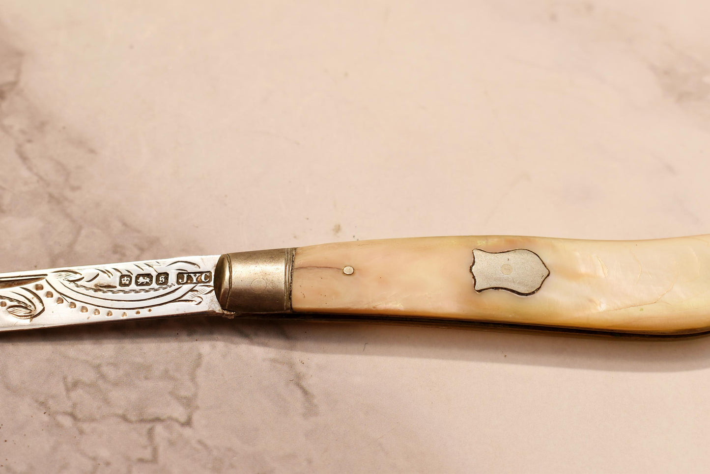 Edwardian Silver Fruit Parer - Gorgeous 1910 John Yeomans Cowlishaw Silver and Mother of Pearl Engraved