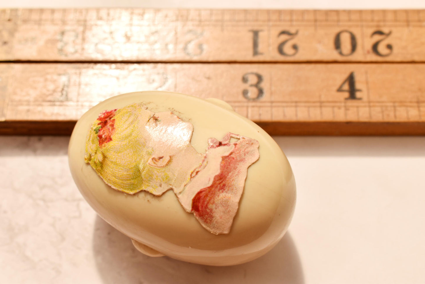 Antique Celluloid Egg Etui - Gorgeous Victorian Decoupage Satin Lined Box with Tiny Powder Puff and Mirrored Holder