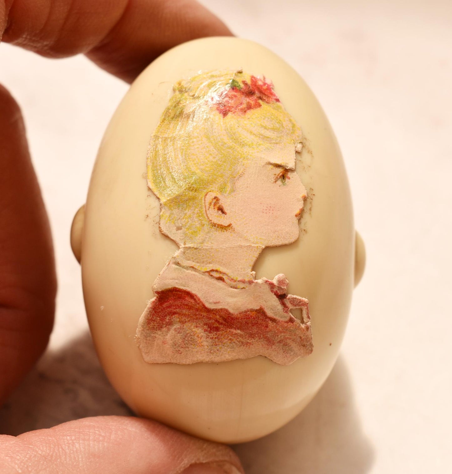 Antique Celluloid Egg Etui - Gorgeous Victorian Decoupage Satin Lined Box with Tiny Powder Puff and Mirrored Holder