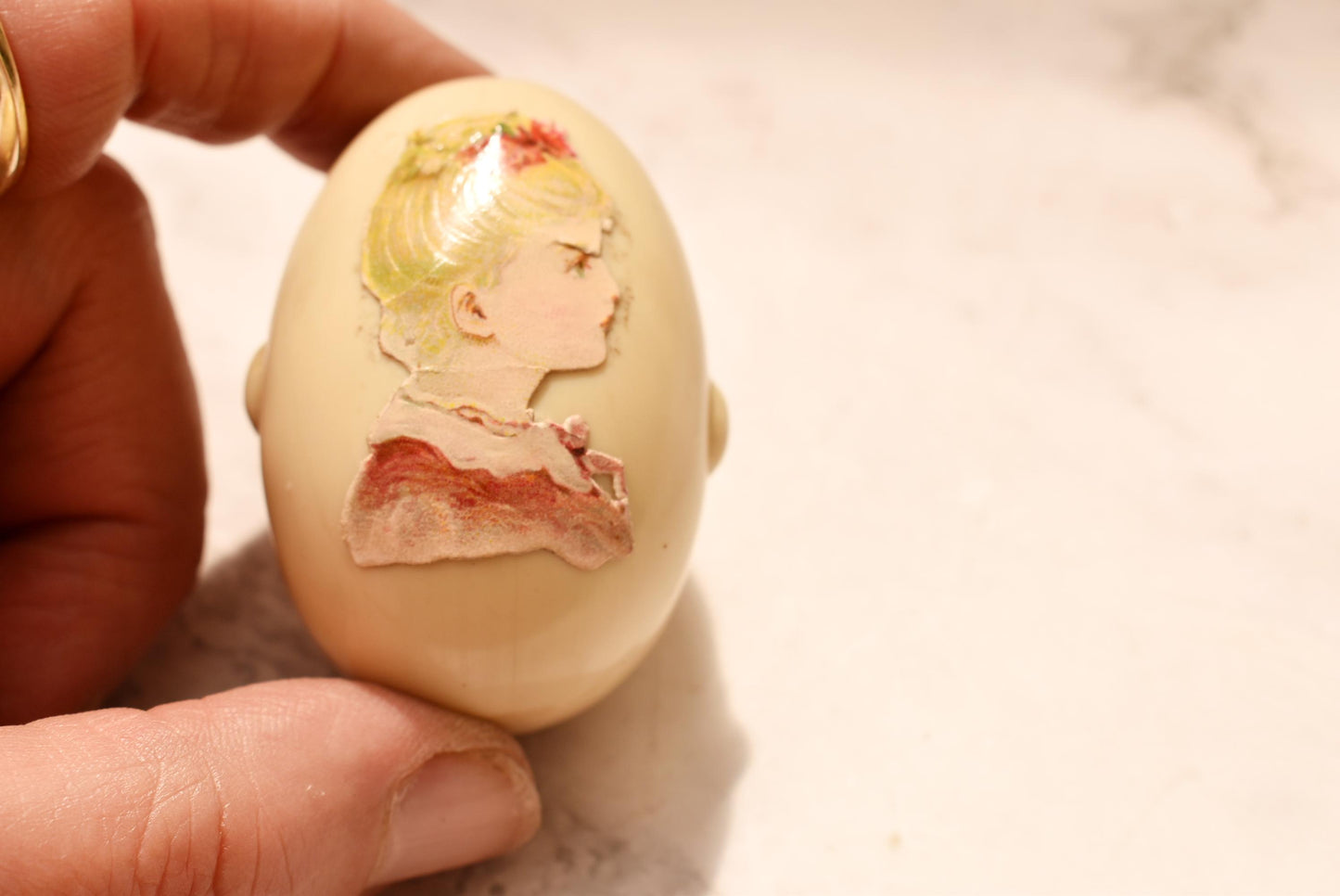 Antique Celluloid Egg Etui - Gorgeous Victorian Decoupage Satin Lined Box with Tiny Powder Puff and Mirrored Holder