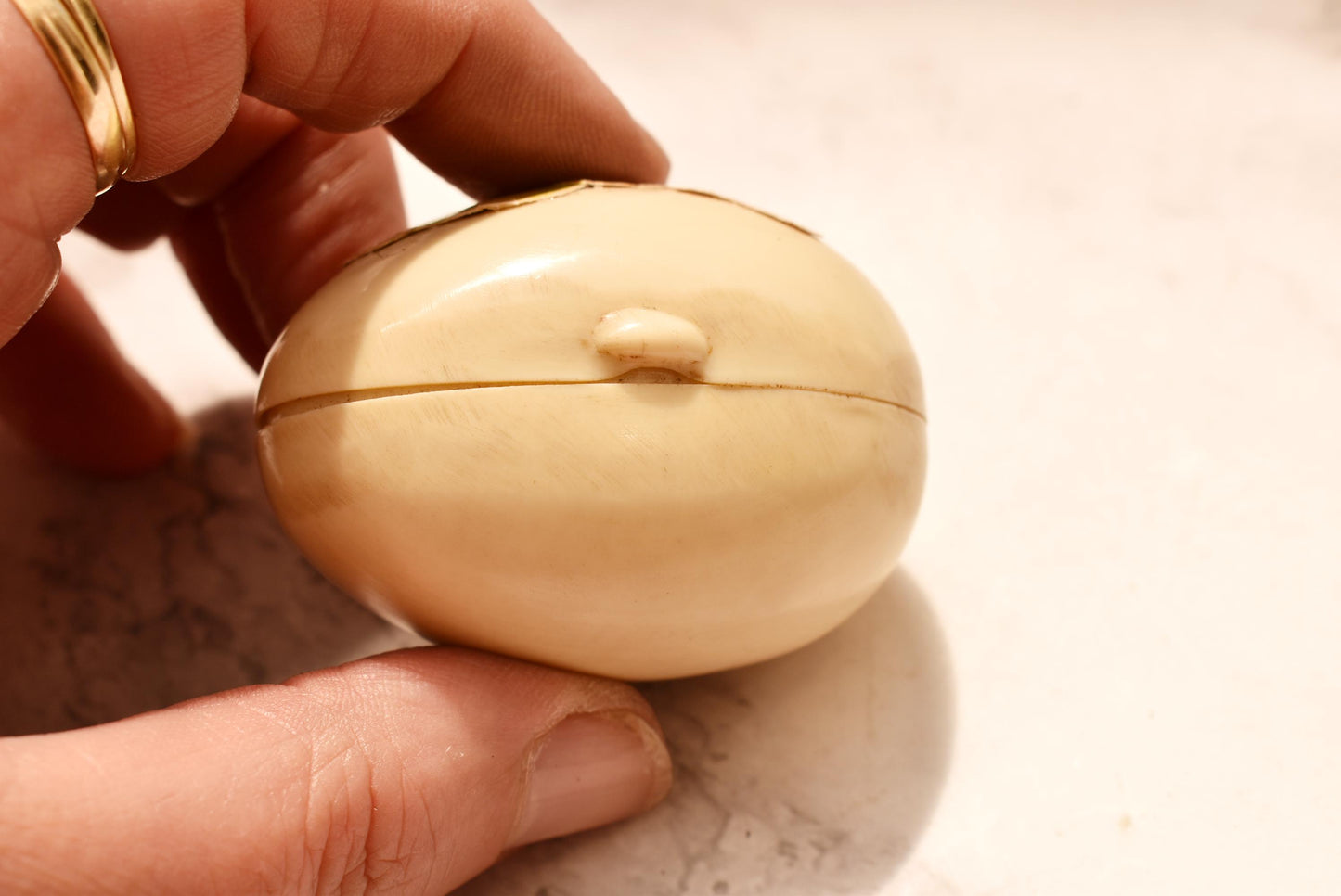 Antique Celluloid Egg Etui - Gorgeous Victorian Decoupage Satin Lined Box with Tiny Powder Puff and Mirrored Holder