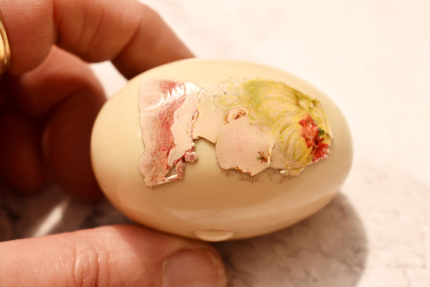 Antique Celluloid Egg Etui - Gorgeous Victorian Decoupage Satin Lined Box with Tiny Powder Puff and Mirrored Holder