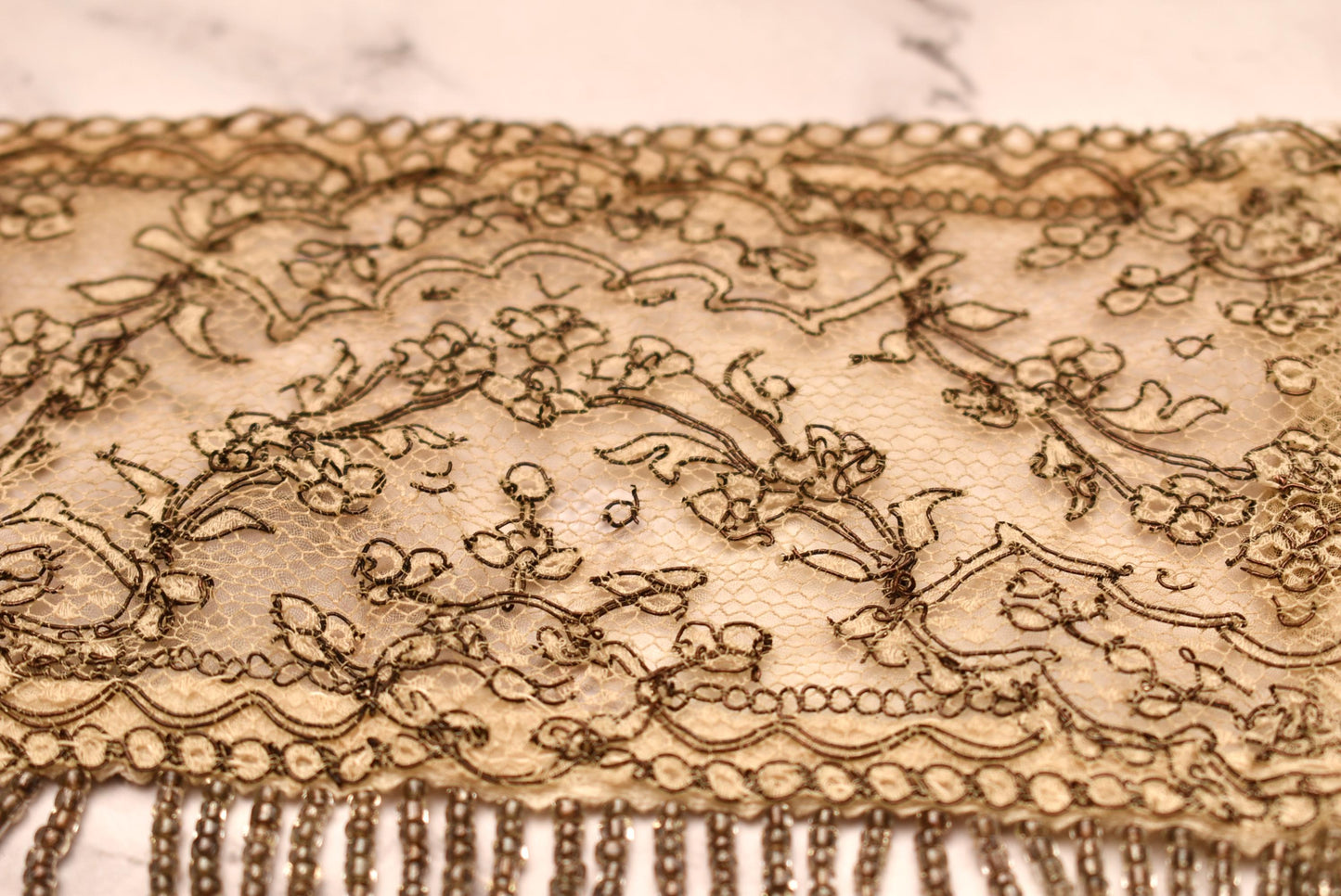 Antique Beaded Tassel Panel - Stunning Edwardian Hand Crafted Micro Bead and Lace Net Art Work for Costume