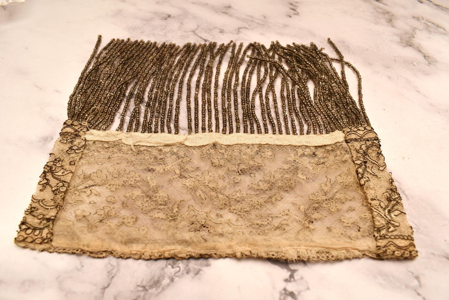 Antique Beaded Tassel Panel - Stunning Edwardian Hand Crafted Micro Bead and Lace Net Art Work for Costume
