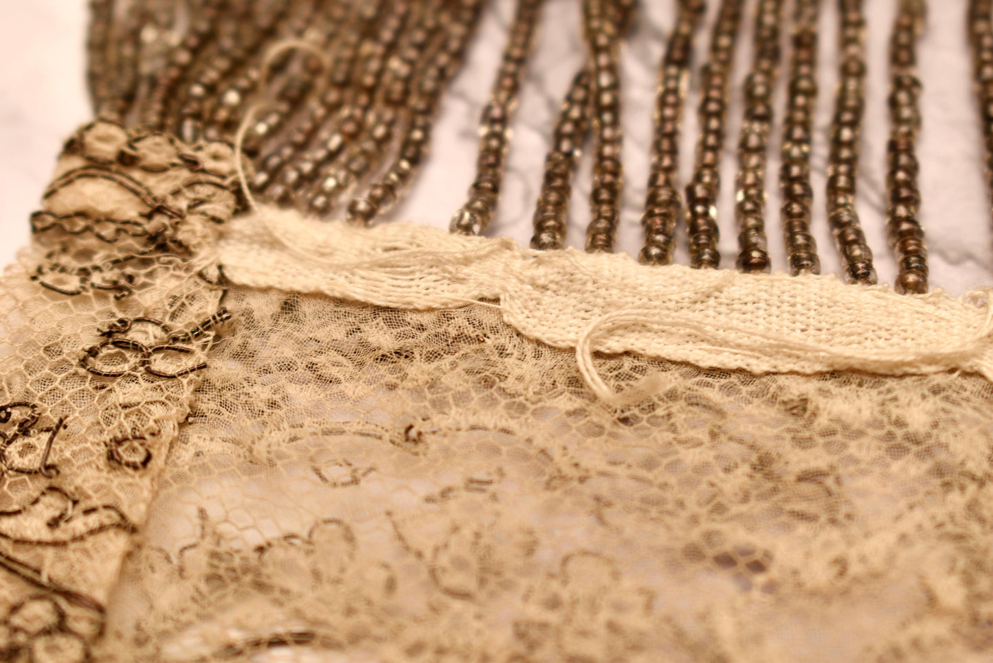 Antique Beaded Tassel Panel - Stunning Edwardian Hand Crafted Micro Bead and Lace Net Art Work for Costume