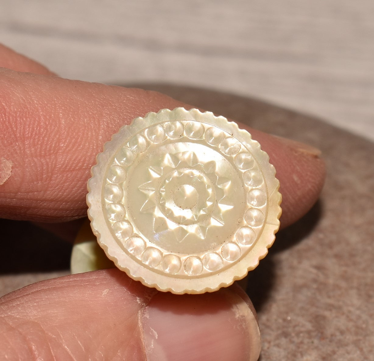 Antique Sewing Spool - Beautiful Carved Bone and Mother of Pearl Palais Royal Notion