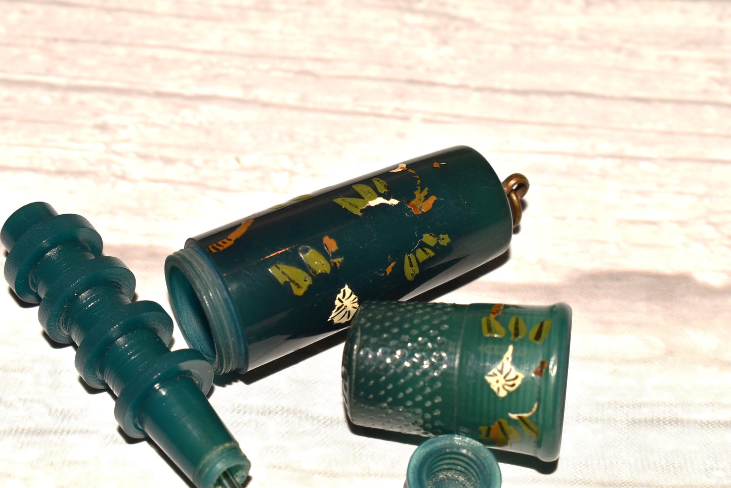 Antique Thimble Etui - Gorgeous Painted Thimble, Thread Spool and Needle Store for Chatelaine