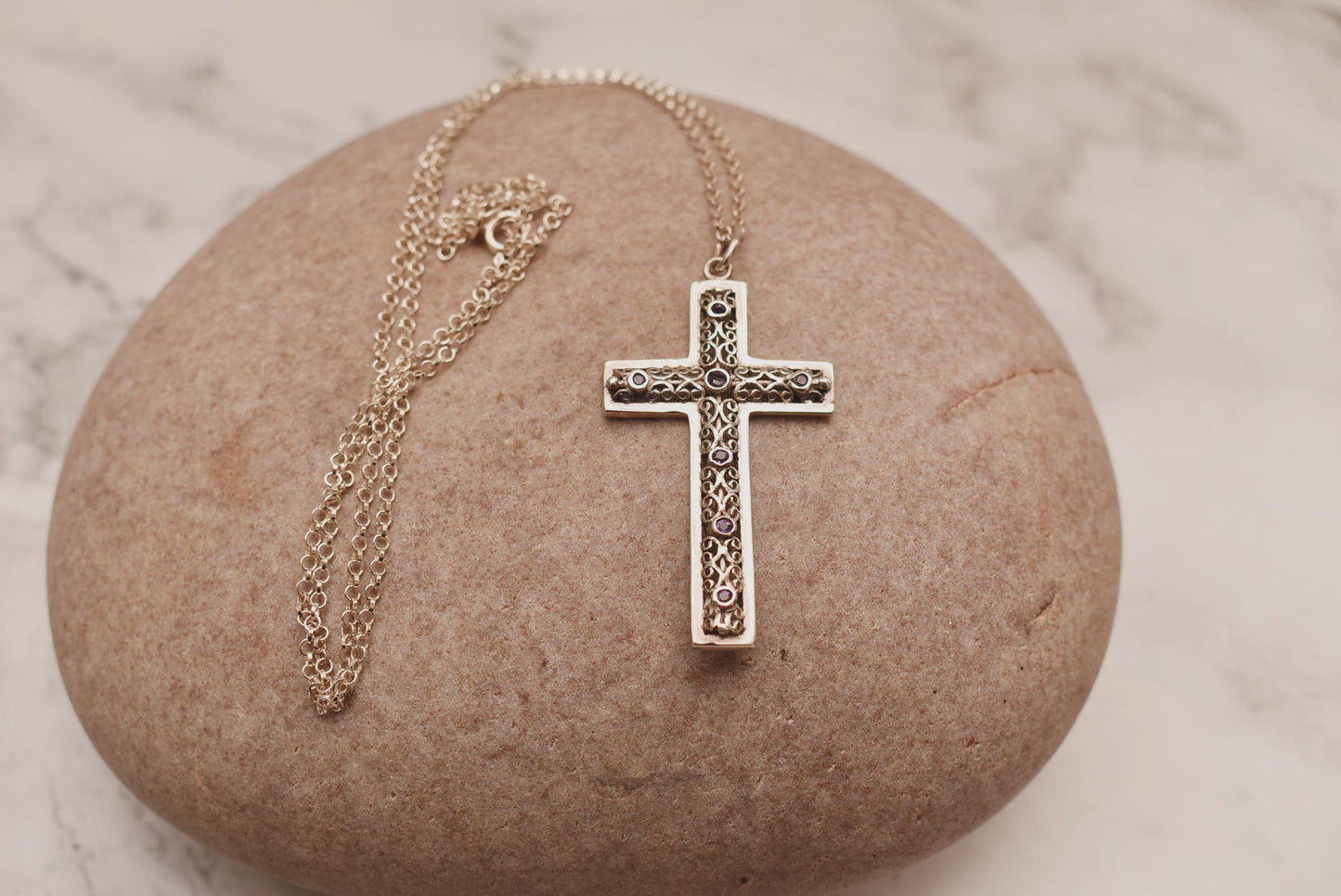 Silver Amethyst Cross Necklace - Gorgeous Large Crucifix on Sterling Chain