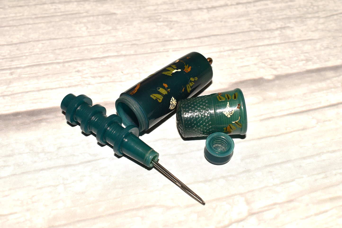 Antique Thimble Etui - Gorgeous Painted Thimble, Thread Spool and Needle Store for Chatelaine