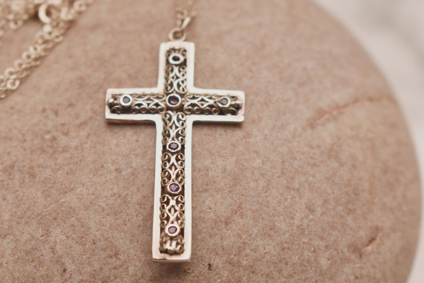 Silver Amethyst Cross Necklace - Gorgeous Large Crucifix on Sterling Chain