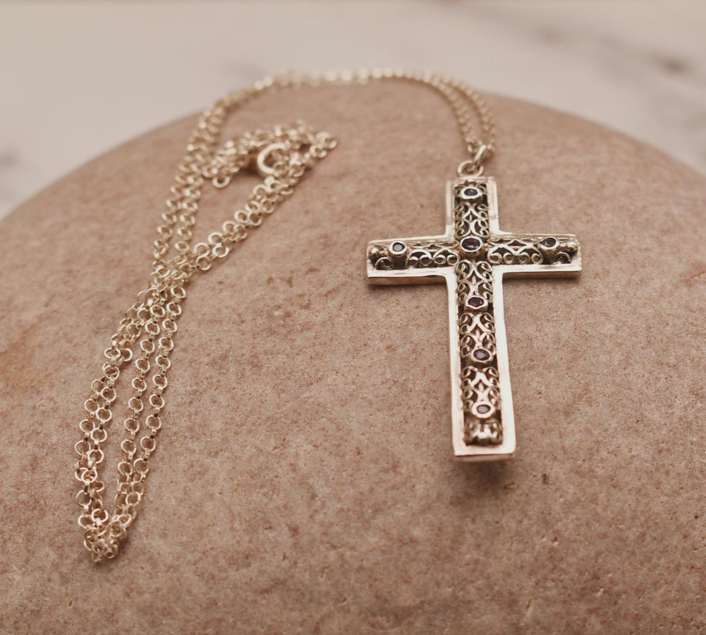 Silver Amethyst Cross Necklace - Gorgeous Large Crucifix on Sterling Chain