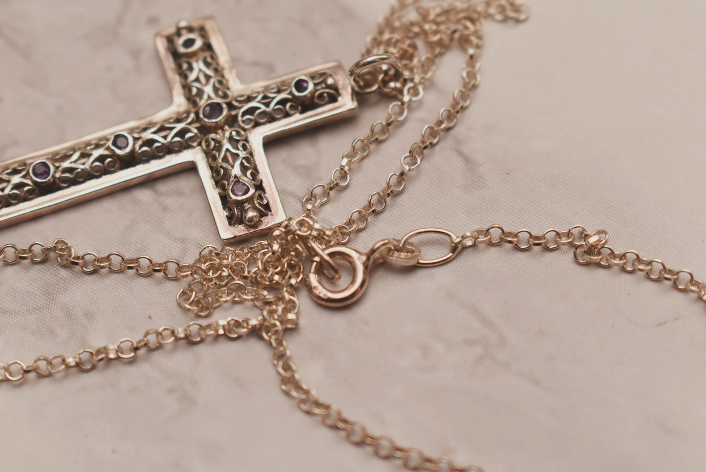 Silver Amethyst Cross Necklace - Gorgeous Large Crucifix on Sterling Chain