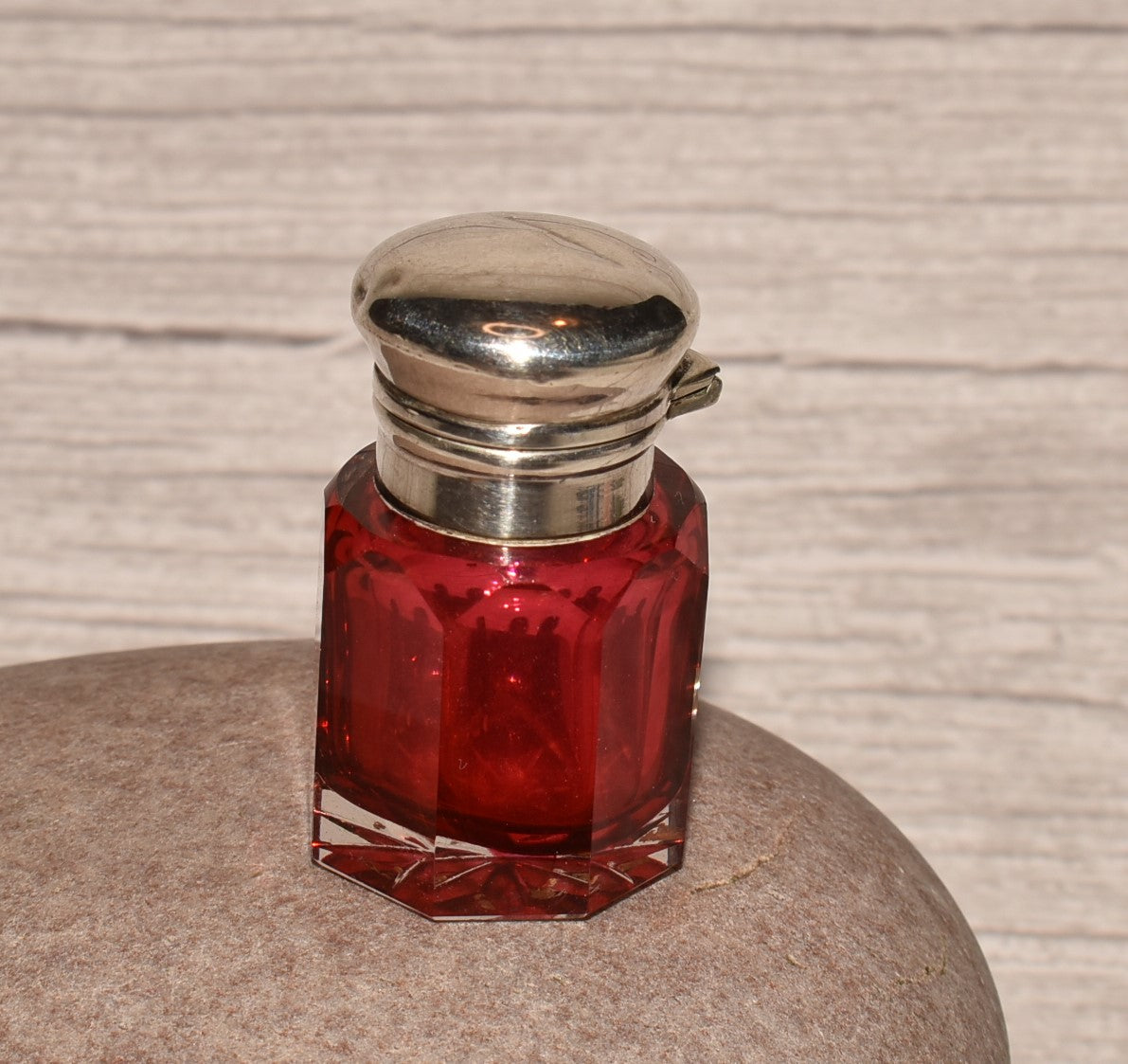 Victorian 1876 Scent Bottle - Gorgeous Antique Silver Topped Cranberry Glass Perfume Bottle