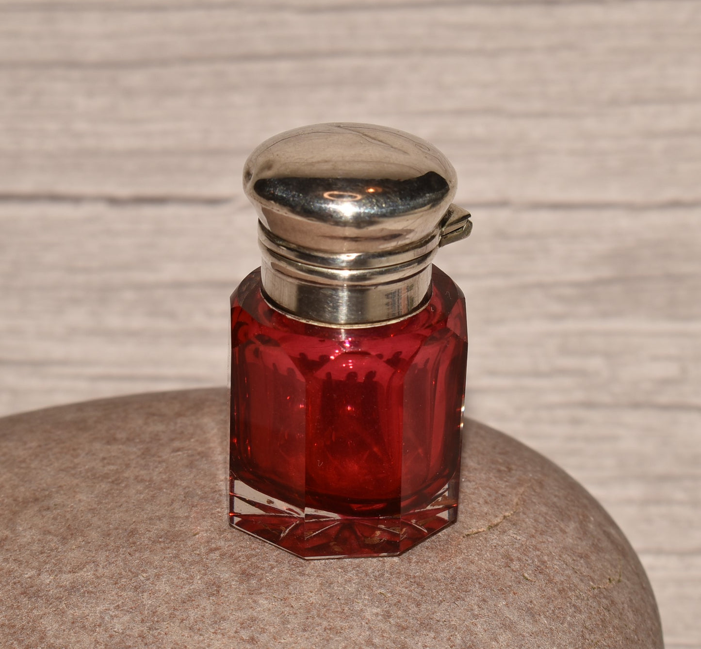 Victorian 1876 Scent Bottle - Gorgeous Antique Silver Topped Cranberry Glass Perfume Bottle