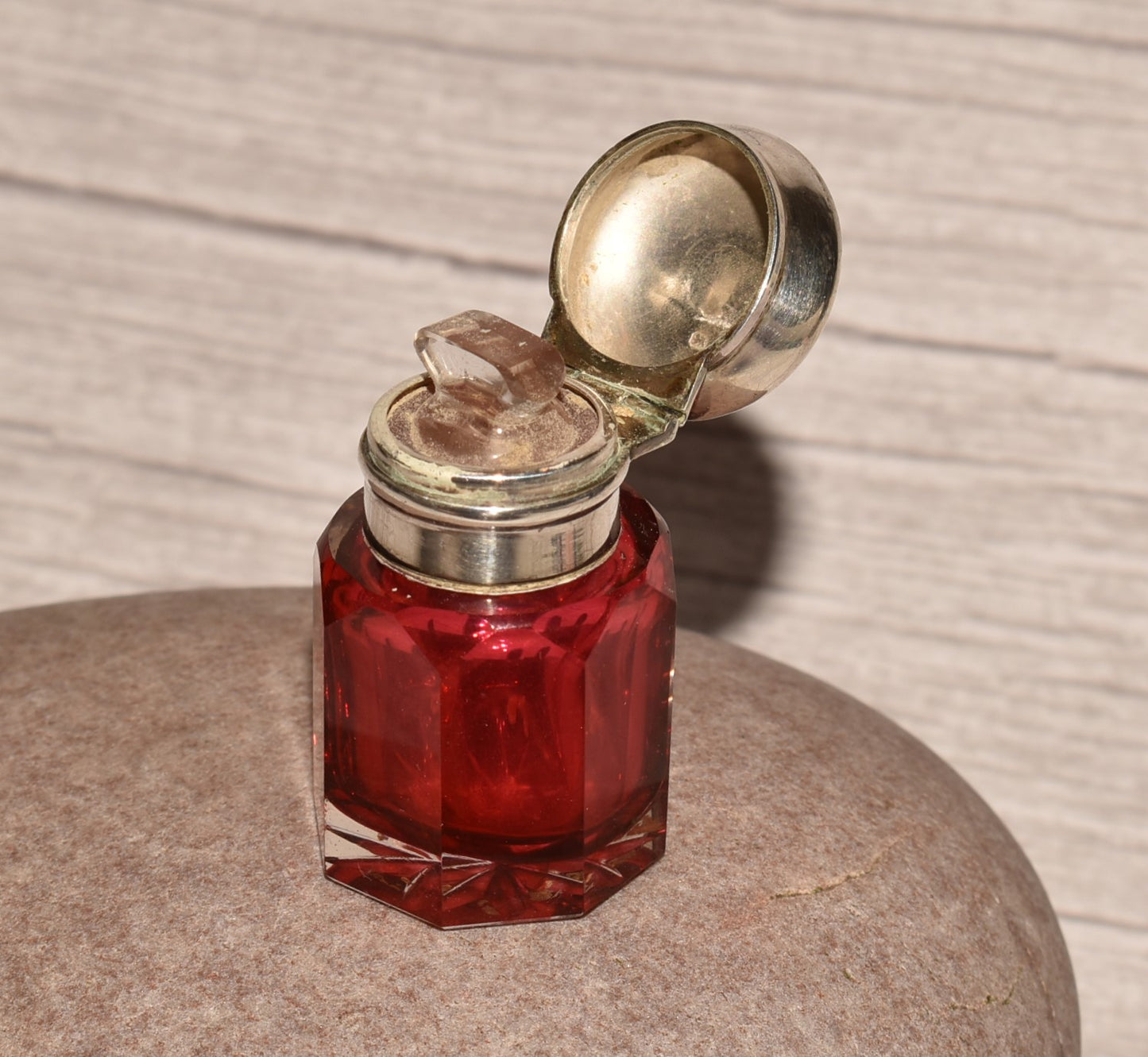 Victorian 1876 Scent Bottle - Gorgeous Antique Silver Topped Cranberry Glass Perfume Bottle