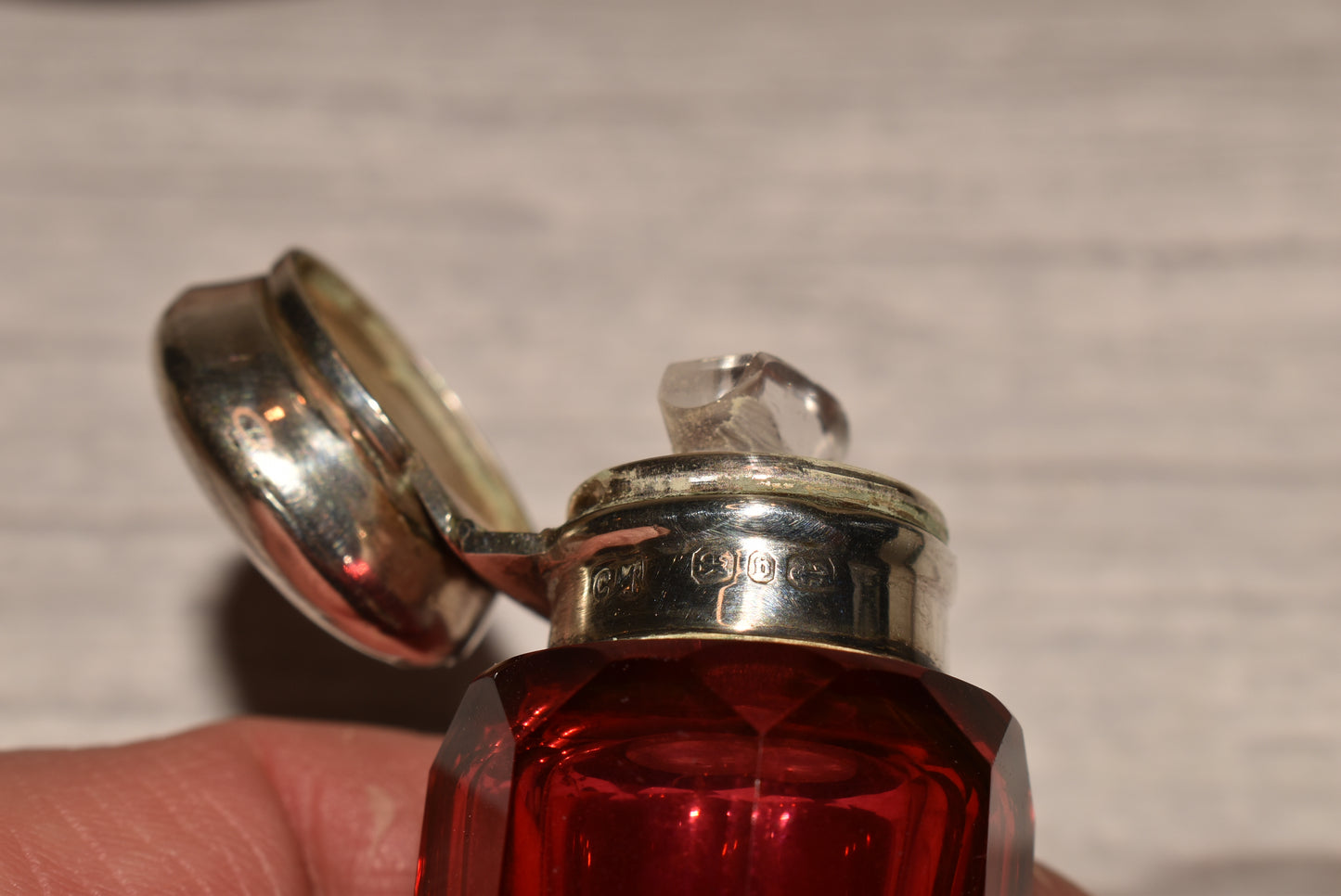 Victorian 1876 Scent Bottle - Gorgeous Antique Silver Topped Cranberry Glass Perfume Bottle