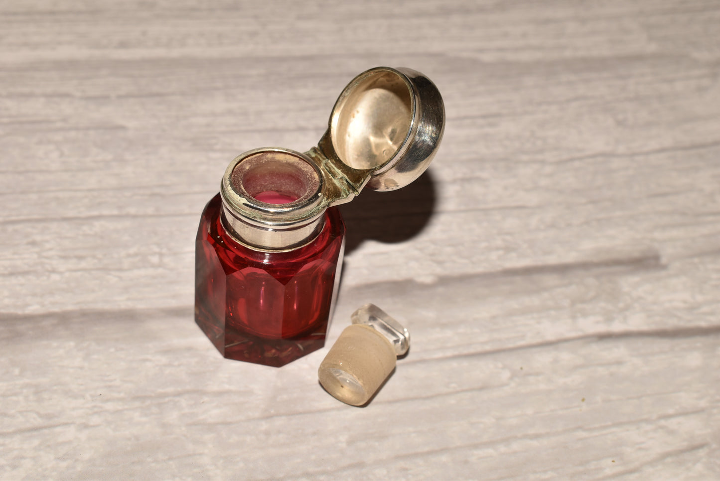Victorian 1876 Scent Bottle - Gorgeous Antique Silver Topped Cranberry Glass Perfume Bottle