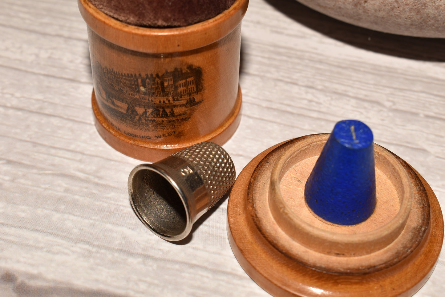 Antique Mauchline Thimble Store and Pin Cushion