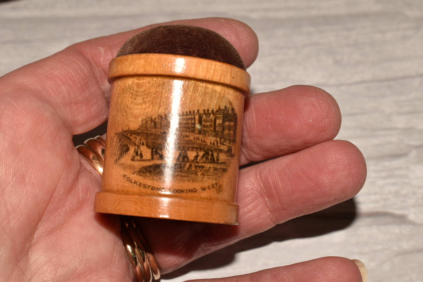 Antique Mauchline Thimble Store and Pin Cushion
