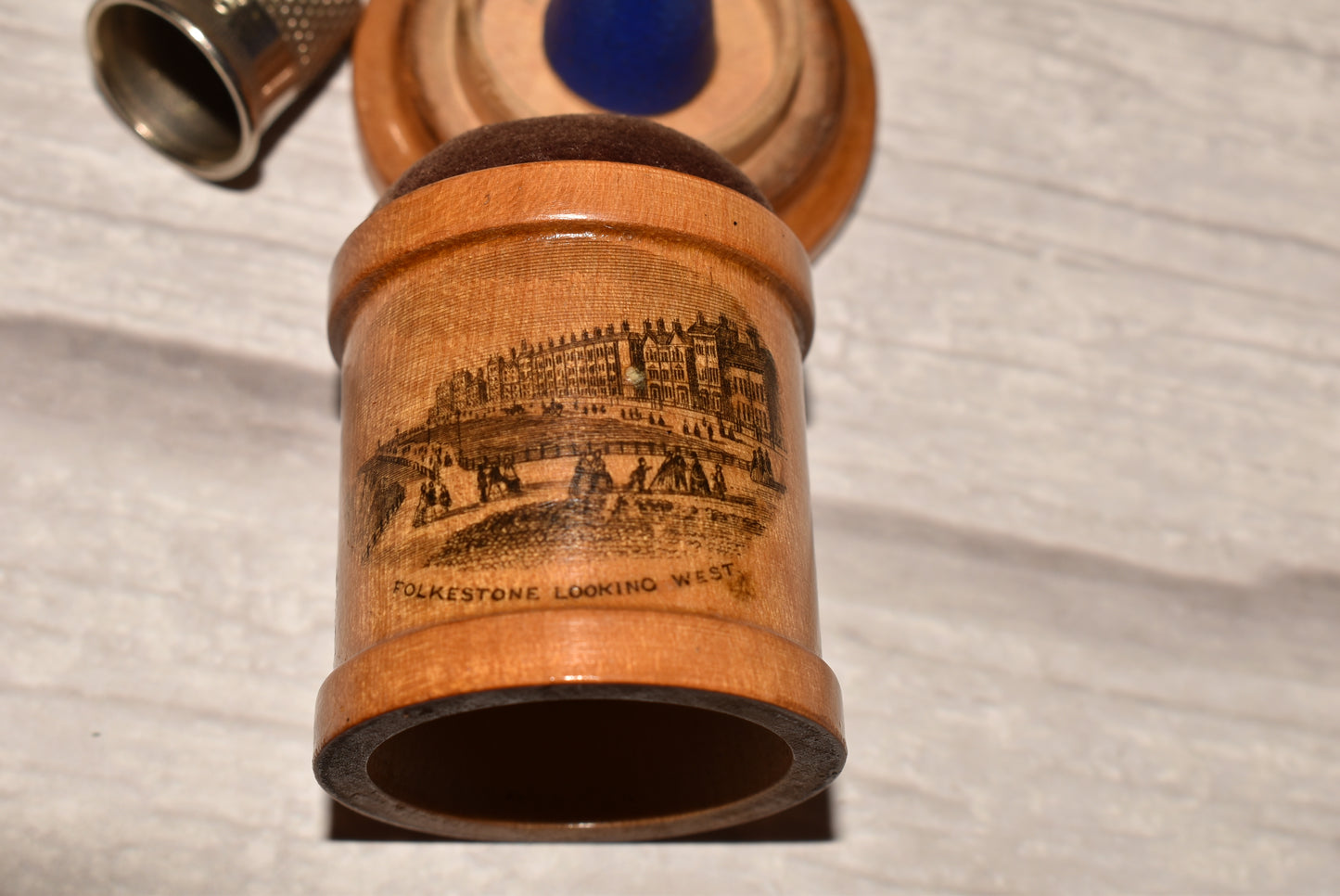Antique Mauchline Thimble Store and Pin Cushion