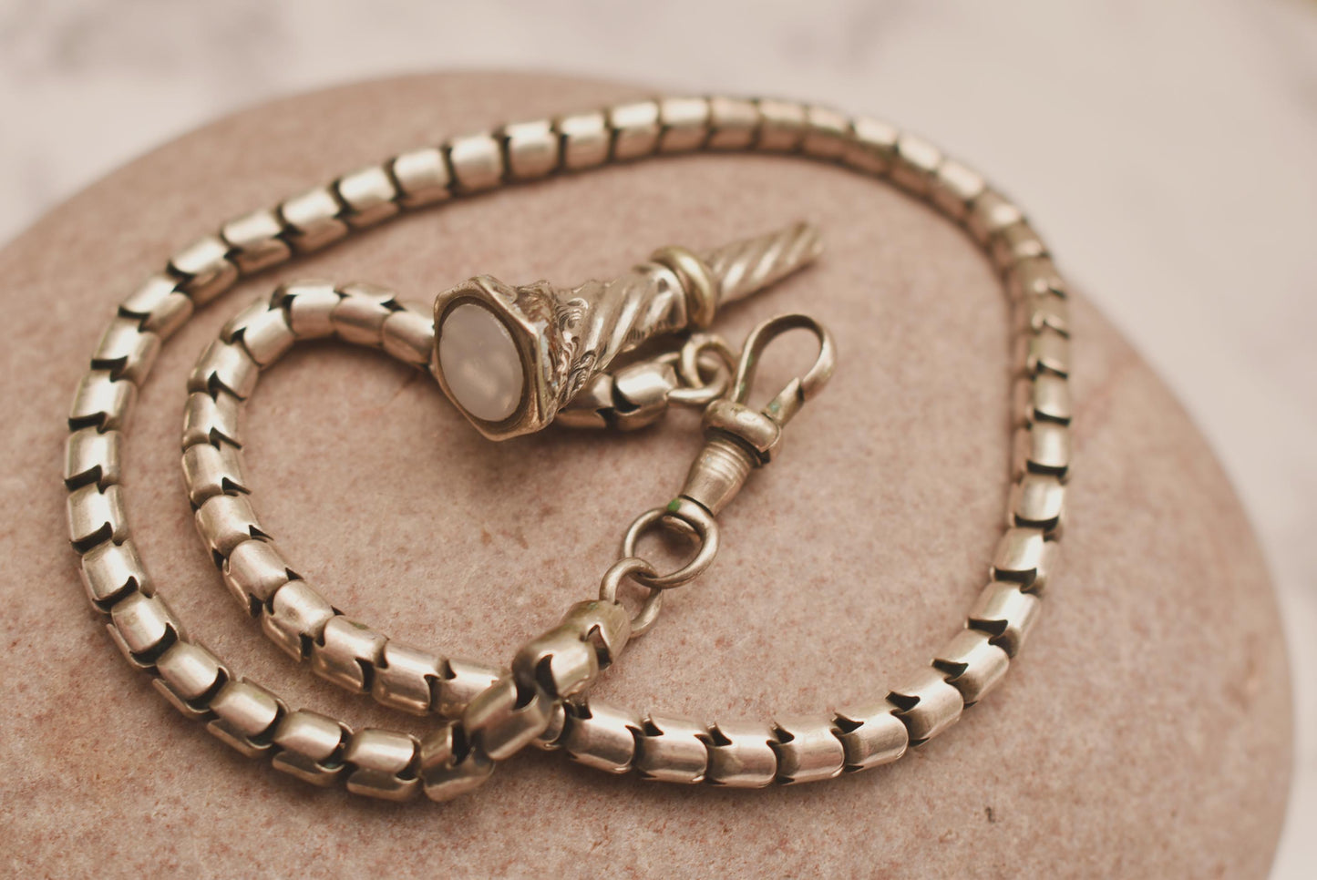 Victorian Watch Chain with Fob - Beautiful Rare Antique Fancy Snake Chain with Silver Agate Seal
