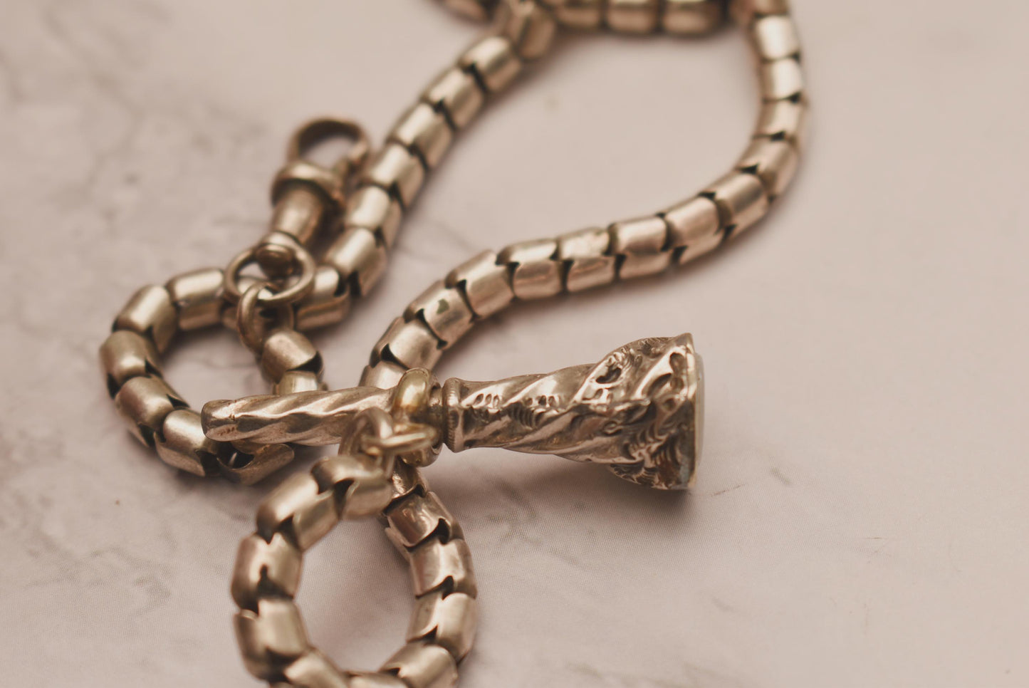 Victorian Watch Chain with Fob - Beautiful Rare Antique Fancy Snake Chain with Silver Agate Seal