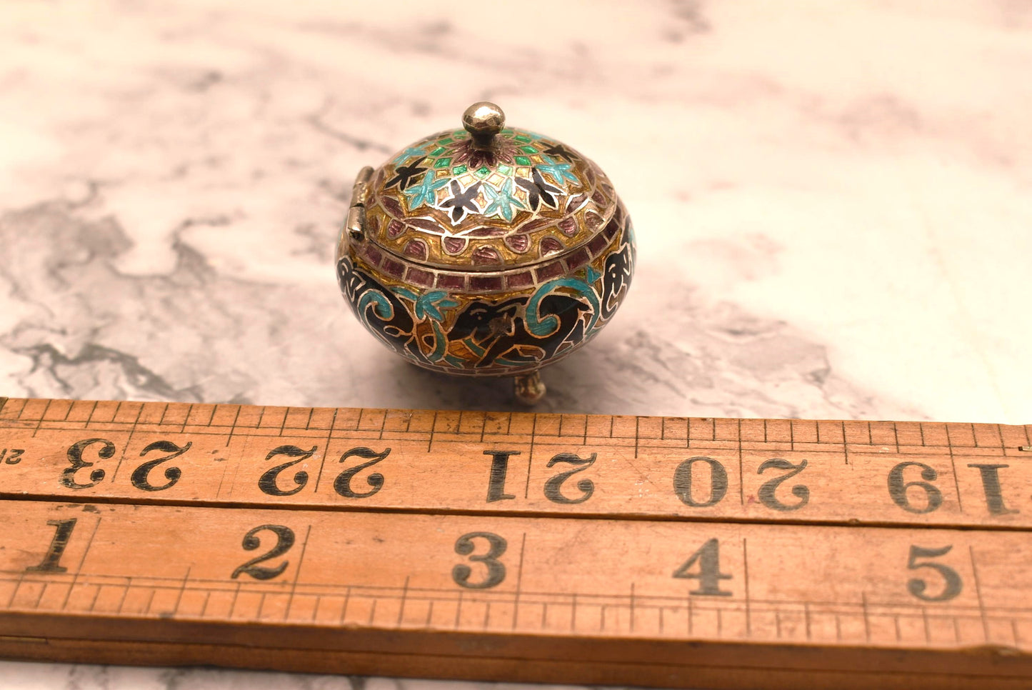 Chinese Silver and Enamel Trinket Box - Gorgeous Enamel Lined Pot on Three Ball Feet