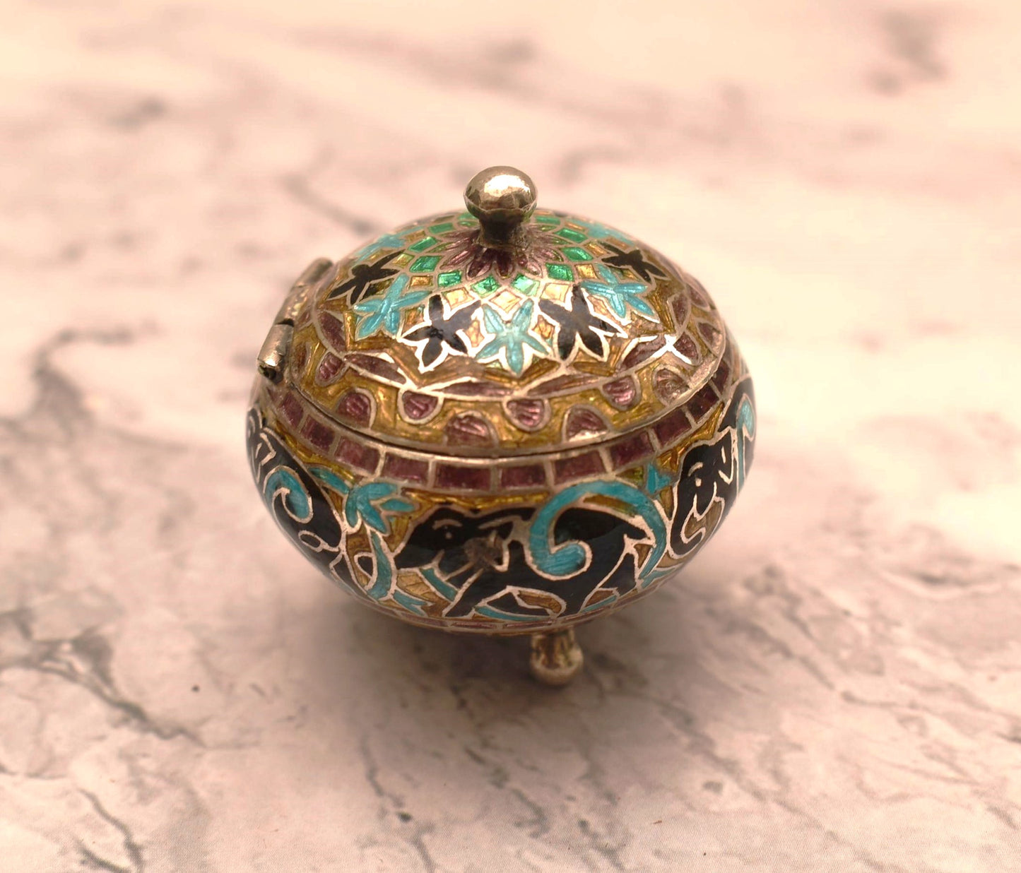 Chinese Silver and Enamel Trinket Box - Gorgeous Enamel Lined Pot on Three Ball Feet