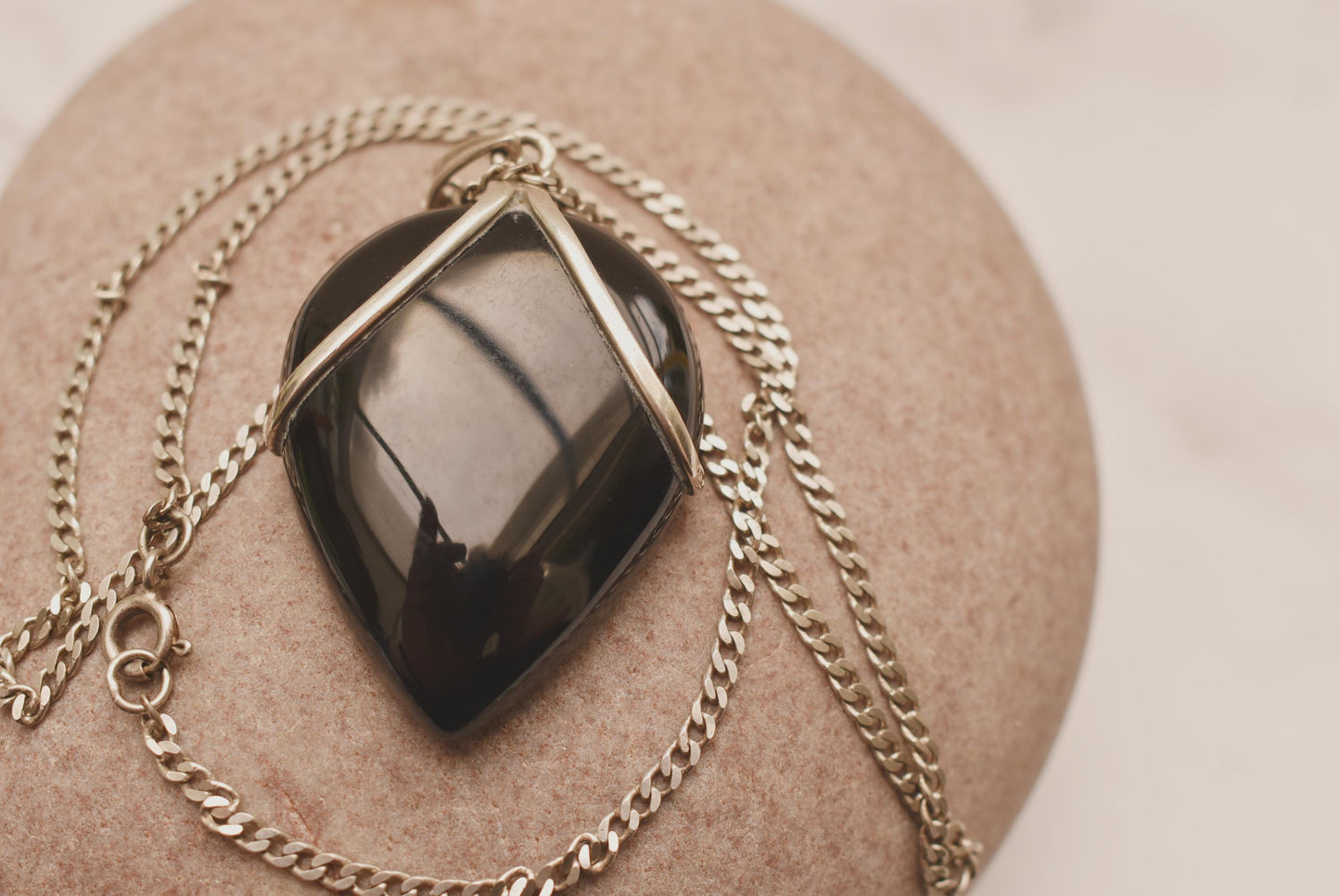 Silver Onyx Large Necklace - Beautiful Heavy Silver Bound Teardrop Black Stone on 18 Inch Sterling Chain